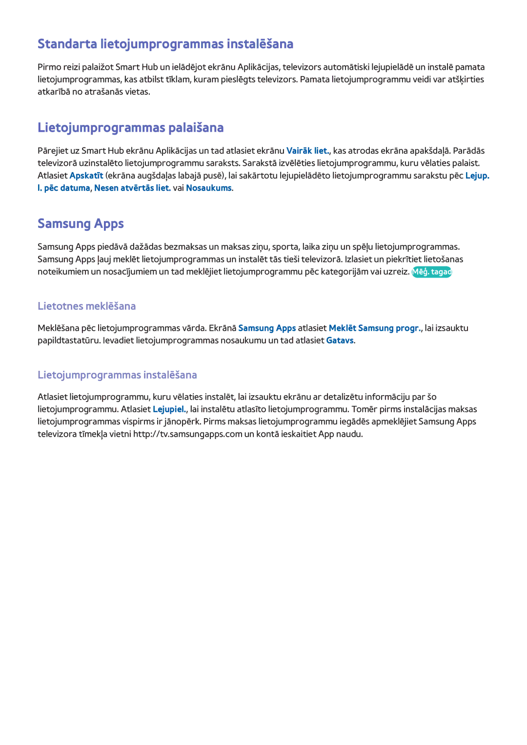 Samsung UE40F8000STXXH manual Standarta lietojumprogrammas instalēšana, Lietojumprogrammas palaišana, Samsung Apps 