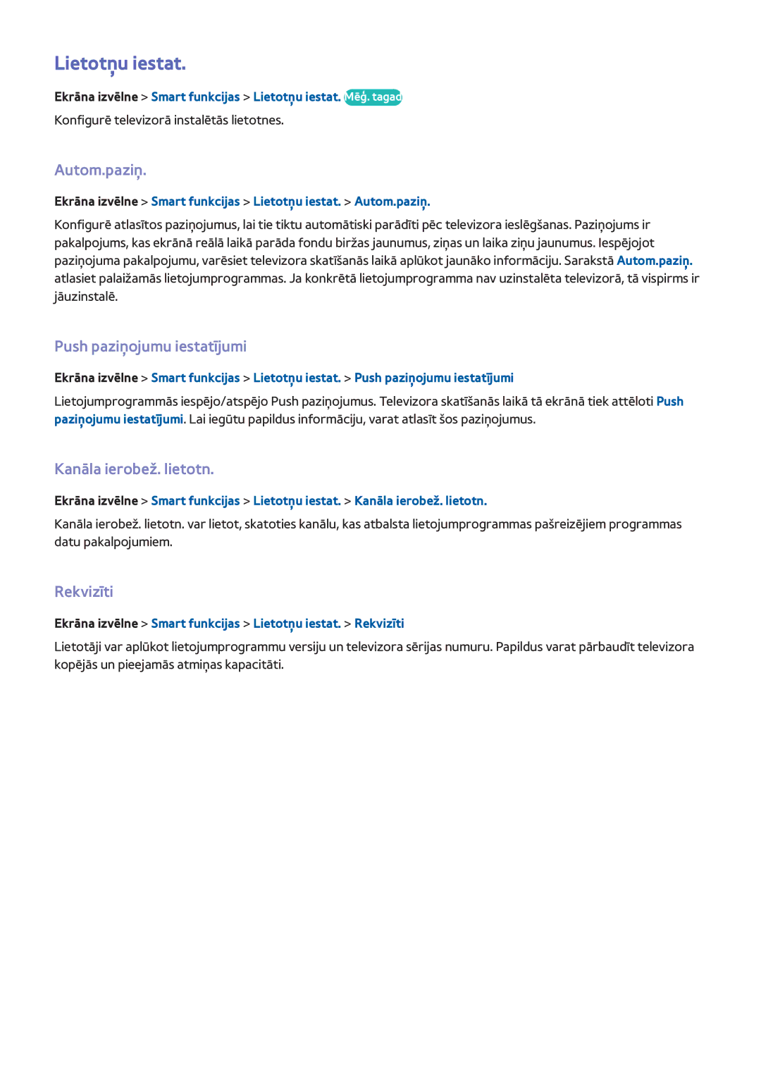Samsung UE75F8000STXXH manual Lietotņu iestat, Autom.paziņ, Push paziņojumu iestatījumi, Kanāla ierobež. lietotn, Rekvizīti 