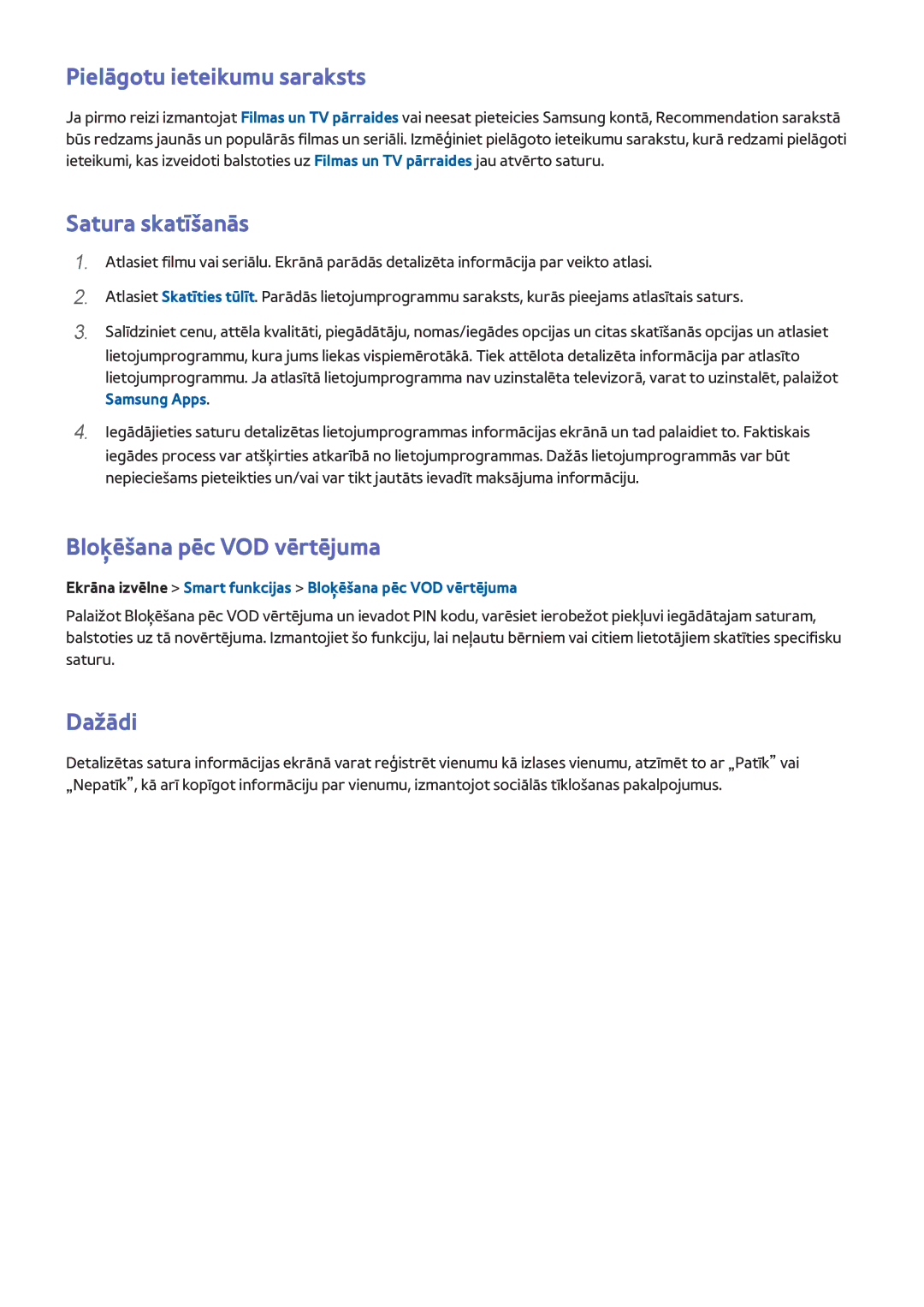 Samsung UE46F7000STXXH manual Pielāgotu ieteikumu saraksts, Satura skatīšanās, Bloķēšana pēc VOD vērtējuma, Dažādi 