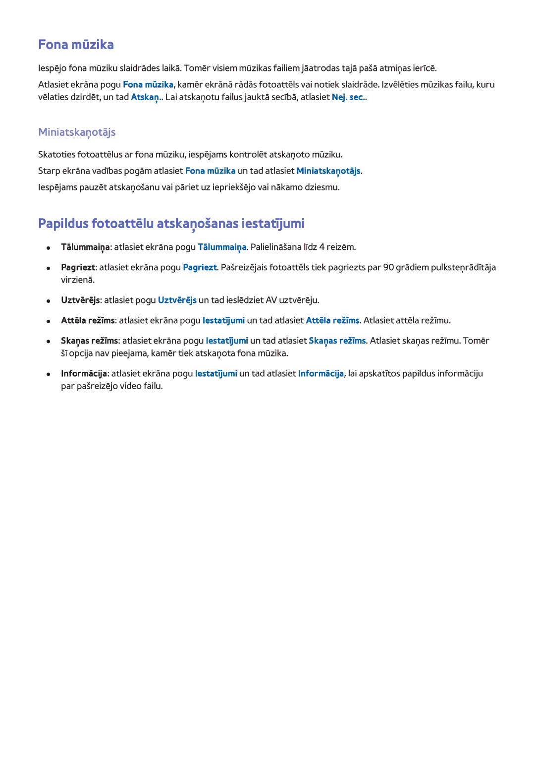 Samsung UE46F8500STXXH, UE46F7000STXXH manual Fona mūzika, Papildus fotoattēlu atskaņošanas iestatījumi, Miniatskaņotājs 