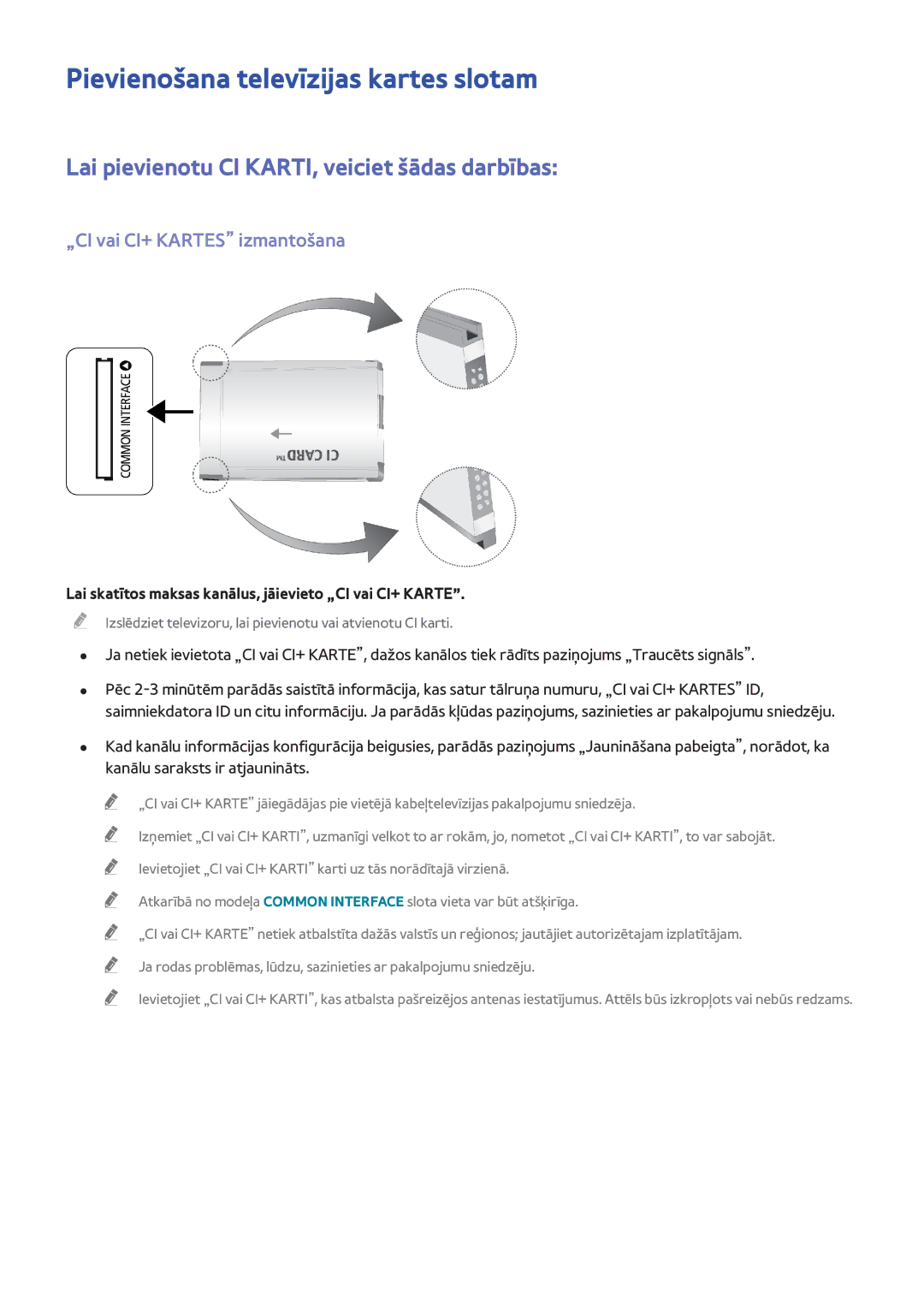 Samsung UE40F8000STXXH manual Pievienošana televīzijas kartes slotam, Lai pievienotu CI KARTI, veiciet šādas darbības 