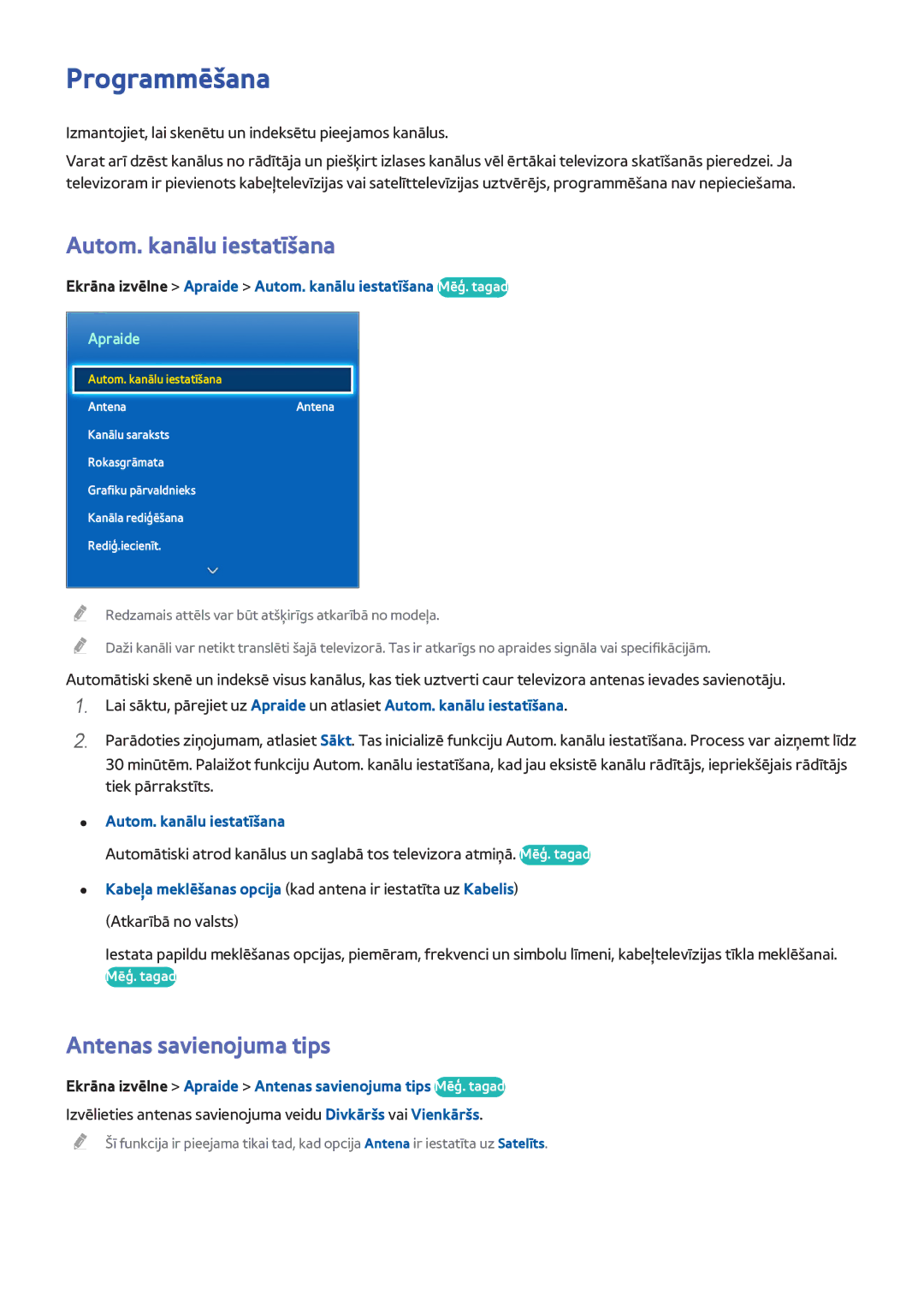 Samsung UE46F8500STXXH, UE46F7000STXXH, UE46F8000STXXH Programmēšana, Autom. kanālu iestatīšana, Antenas savienojuma tips 