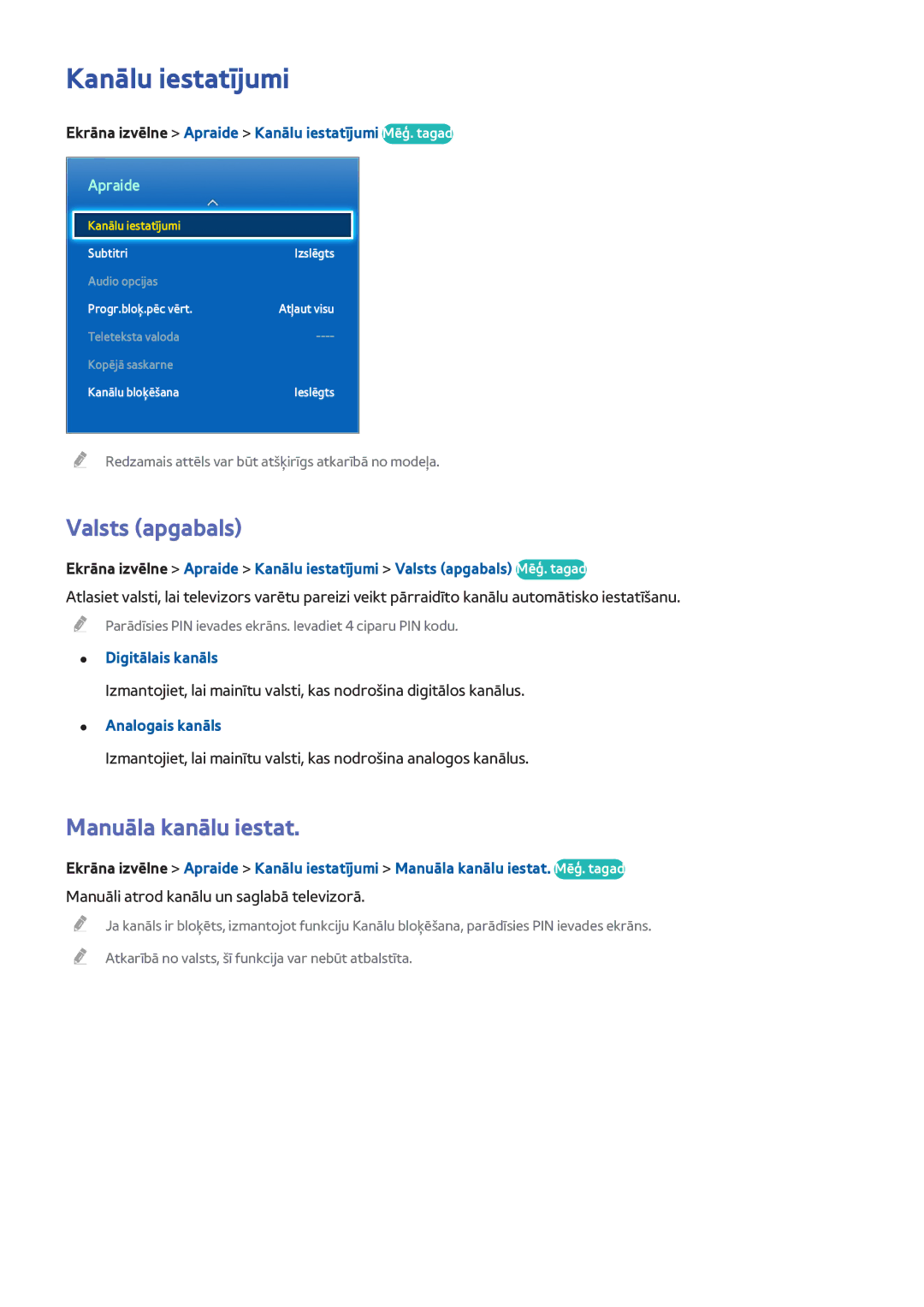 Samsung UE46F7000STXXH, UE46F8000STXXH, UE40F8000STXXH manual Kanālu iestatījumi, Valsts apgabals, Manuāla kanālu iestat 