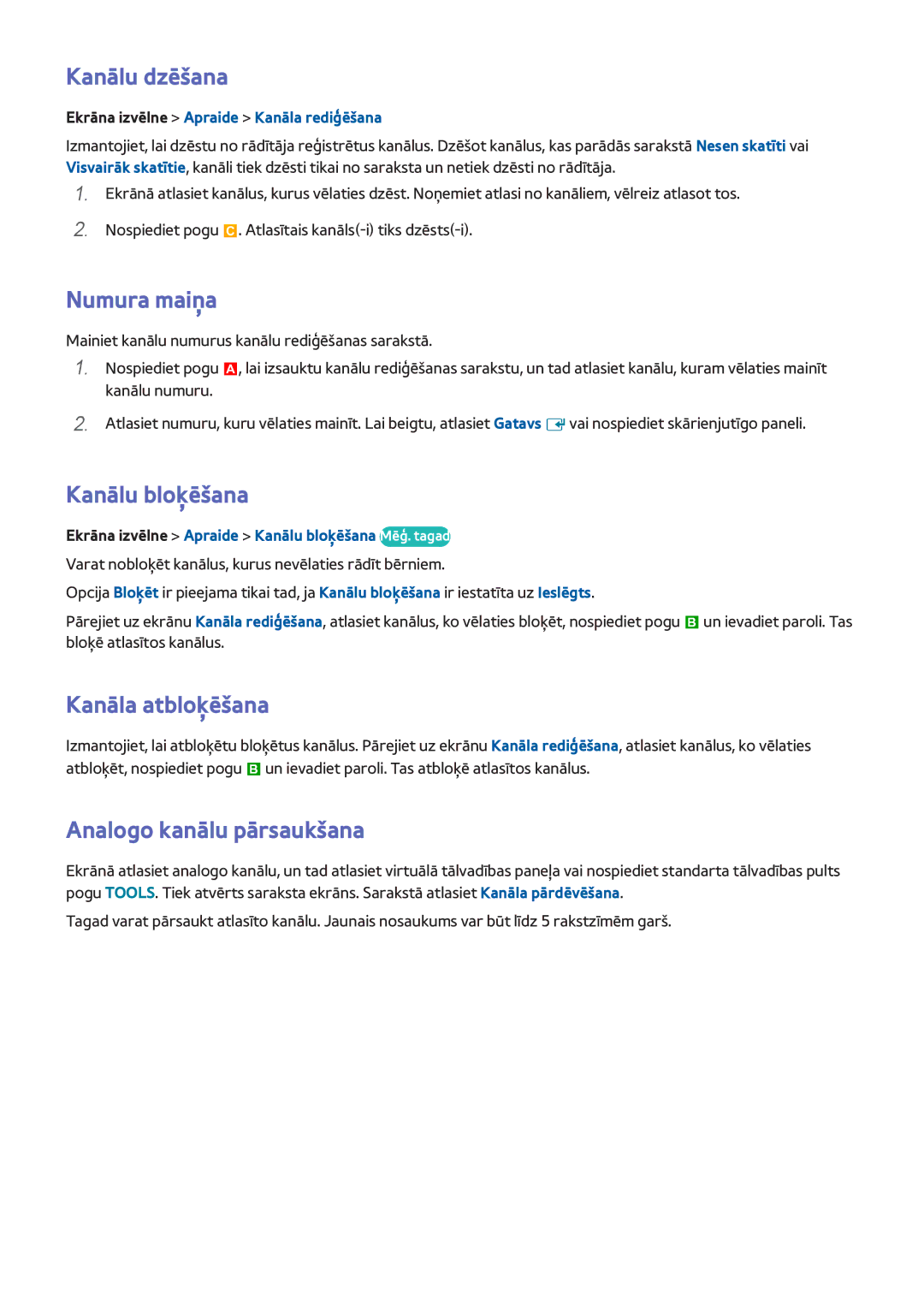 Samsung UE75F8000STXXH Kanālu dzēšana, Numura maiņa, Kanālu bloķēšana, Kanāla atbloķēšana, Analogo kanālu pārsaukšana 