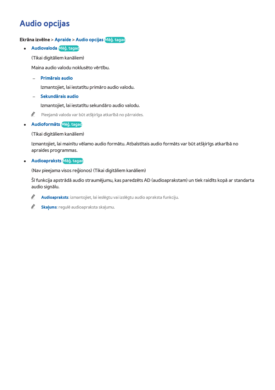Samsung UE40F7000STXXH, UE46F7000STXXH manual Audio opcijas, Primārais audio, Sekundārais audio, Audioformāts Mēģ. tagad 