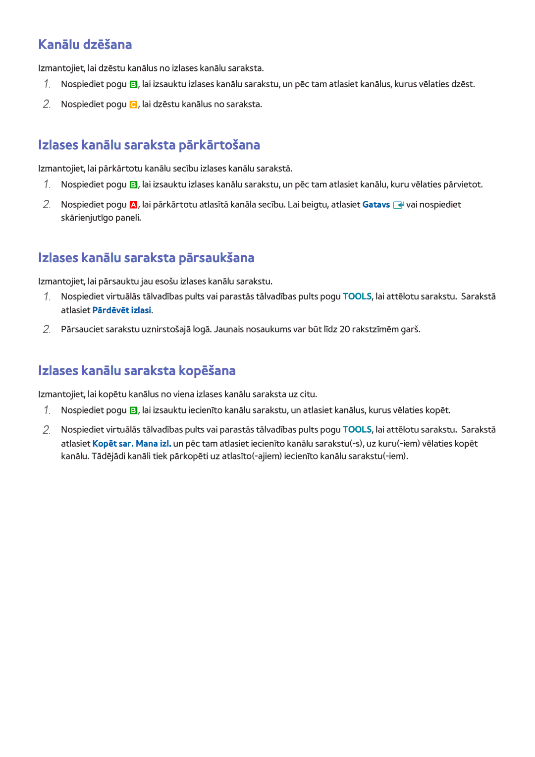 Samsung UE46F8500STXXH, UE46F7000STXXH manual Izlases kanālu saraksta pārkārtošana, Izlases kanālu saraksta pārsaukšana 
