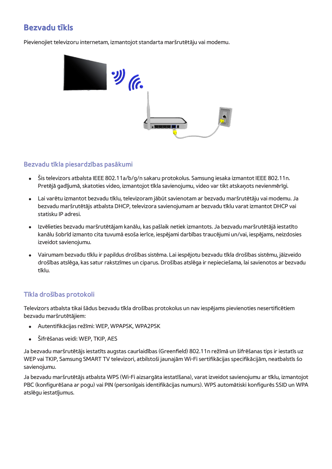 Samsung UE46F8000STXXH, UE46F7000STXXH manual Bezvadu tīkls, Bezvadu tīkla piesardzības pasākumi, Tīkla drošības protokoli 