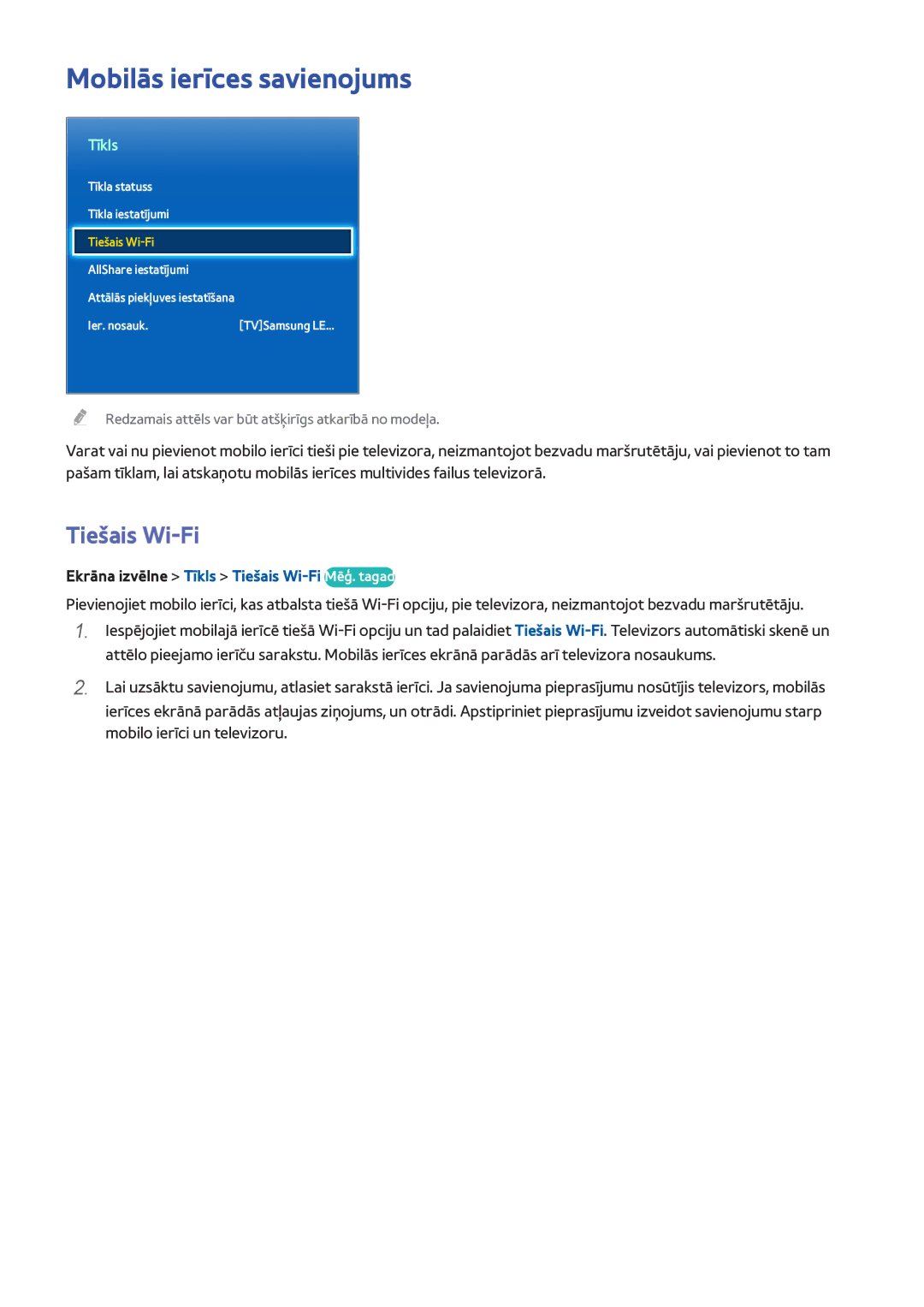 Samsung UE46F8500STXXH, UE46F7000STXXH manual Mobilās ierīces savienojums, Ekrāna izvēlne Tīkls Tiešais Wi-Fi Mēģ. tagad 