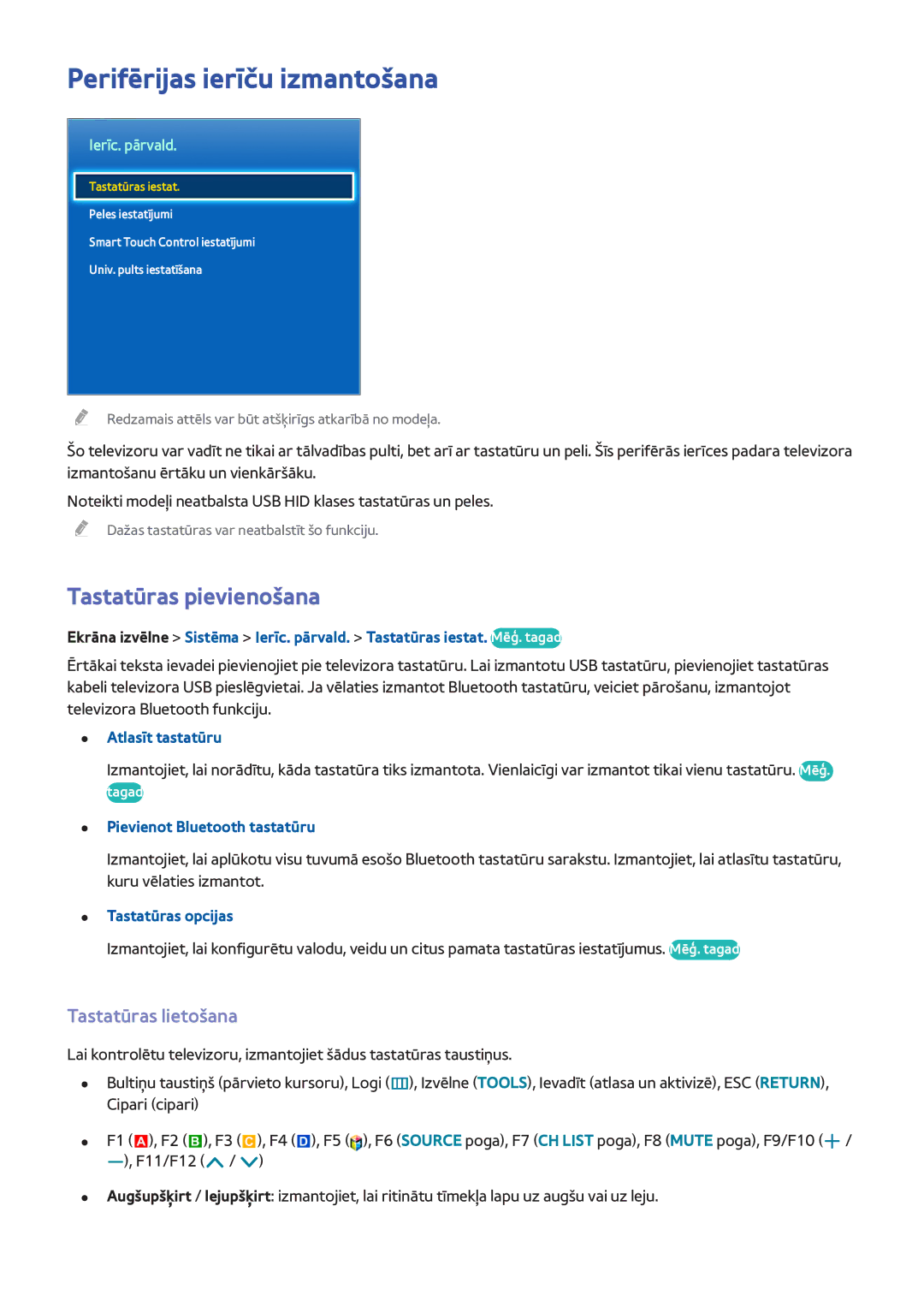 Samsung UE75F8000STXXH, UE46F7000STXXH manual Perifērijas ierīču izmantošana, Tastatūras pievienošana, Tastatūras lietošana 