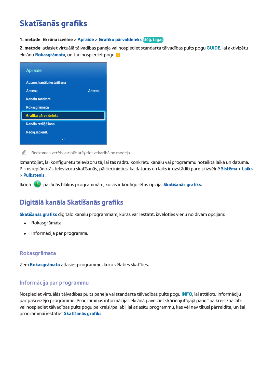 Samsung UE46F7000STXXH manual Digitālā kanāla Skatīšanās grafiks, Rokasgrāmata, Informācija par programmu, Pulkstenis 