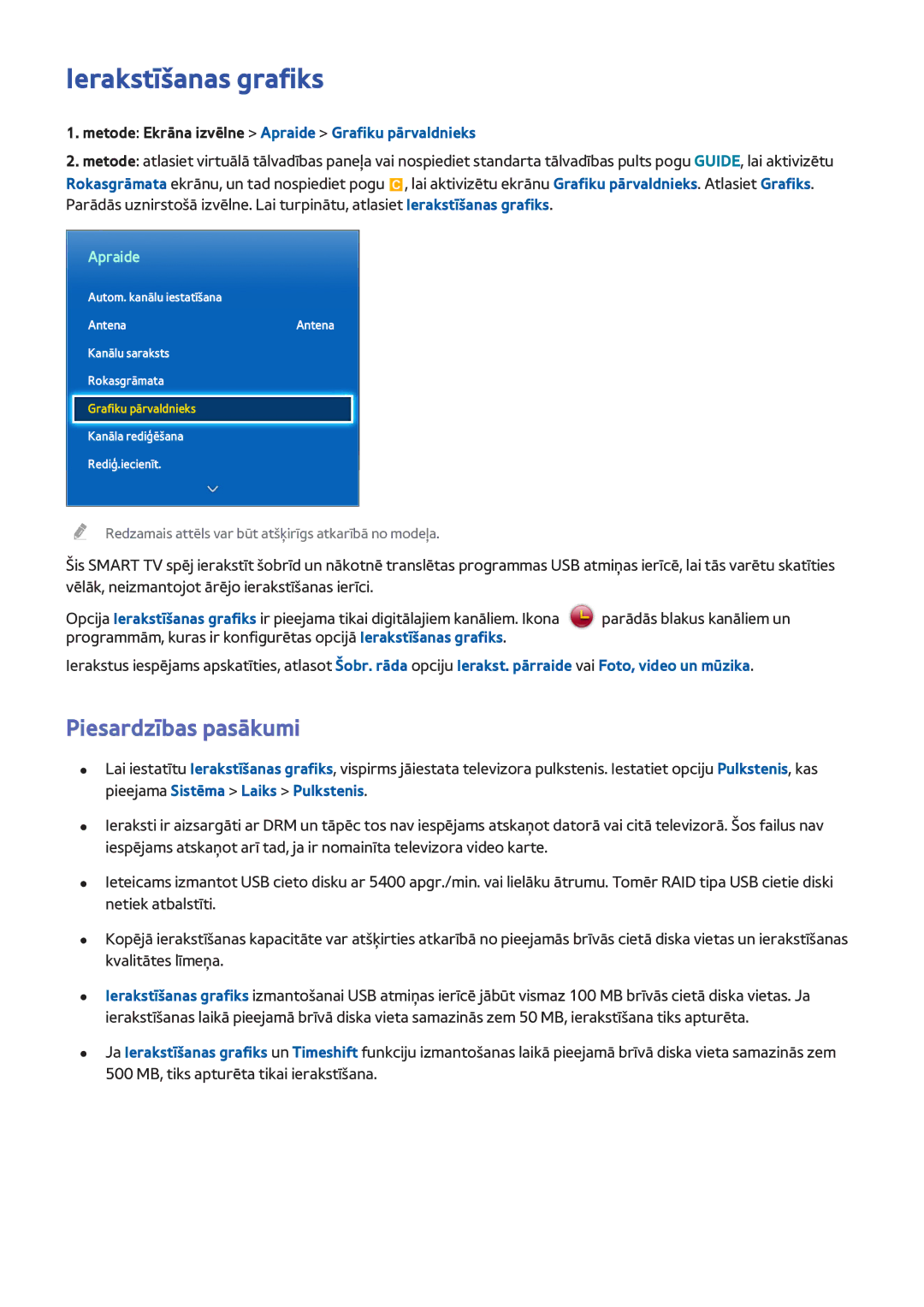 Samsung UE40F8000STXXH, UE46F7000STXXH manual Ierakstīšanas grafiks, Metode Ekrāna izvēlne Apraide Grafiku pārvaldnieks 