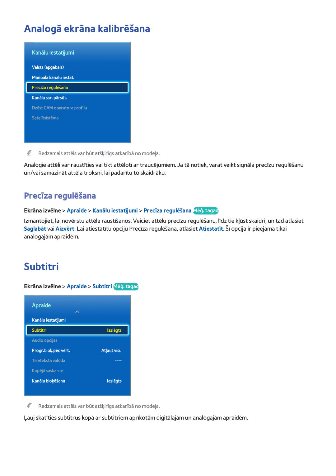 Samsung UE55F8500STXXH, UE46F7000STXXH manual Analogā ekrāna kalibrēšana, Subtitri, Precīza regulēšana, Kanālu iestatījumi 