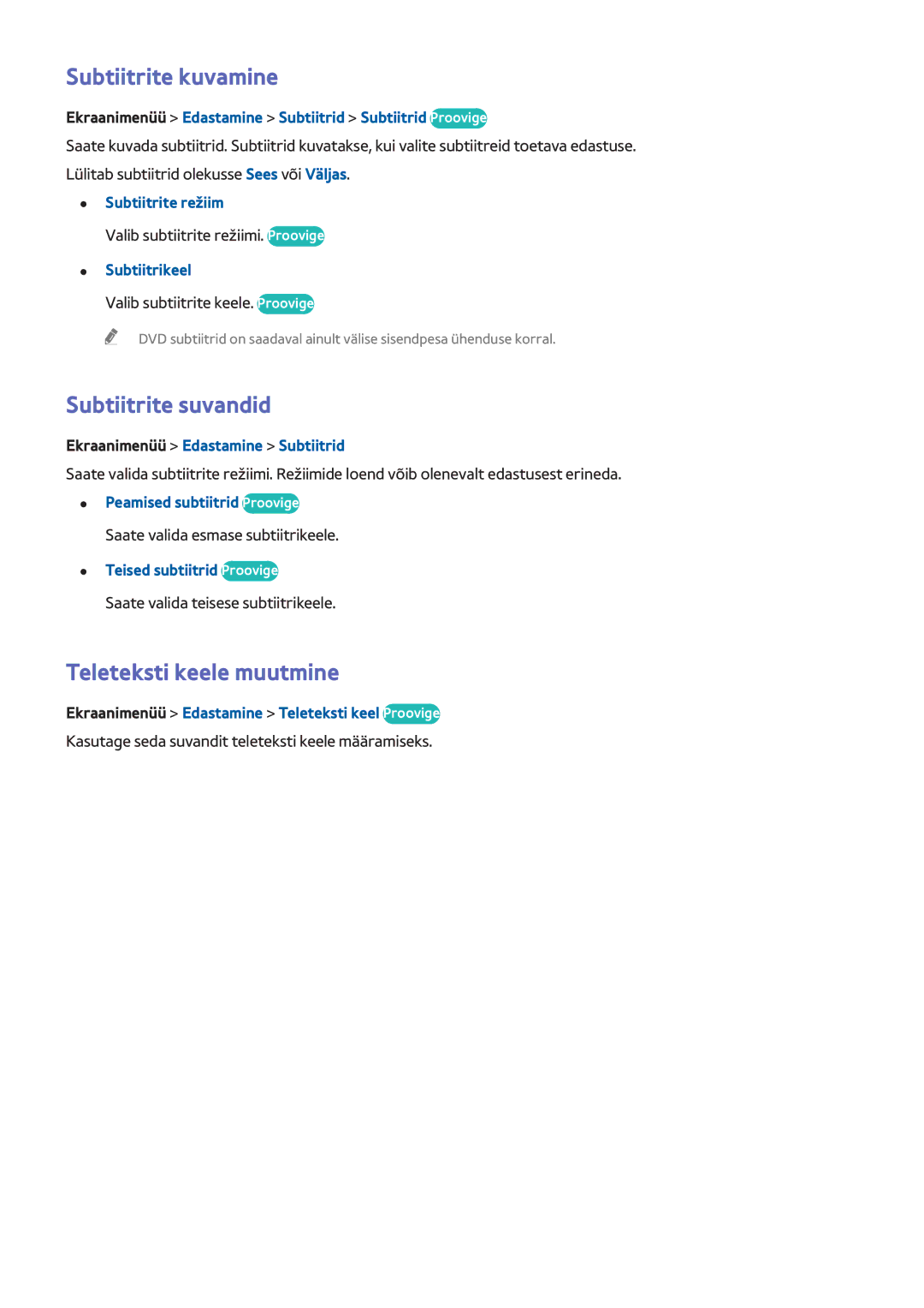 Samsung UE55F9000STXXH, UE46F7000STXXH manual Subtiitrite kuvamine, Subtiitrite suvandid, Teleteksti keele muutmine 