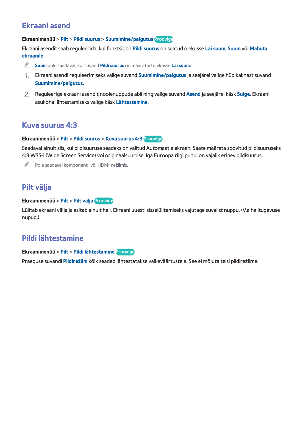 Samsung UE65F9000STXXH, UE46F7000STXXH, UE46F8000STXXH manual Ekraani asend, Kuva suurus, Pilt välja, Pildi lähtestamine 