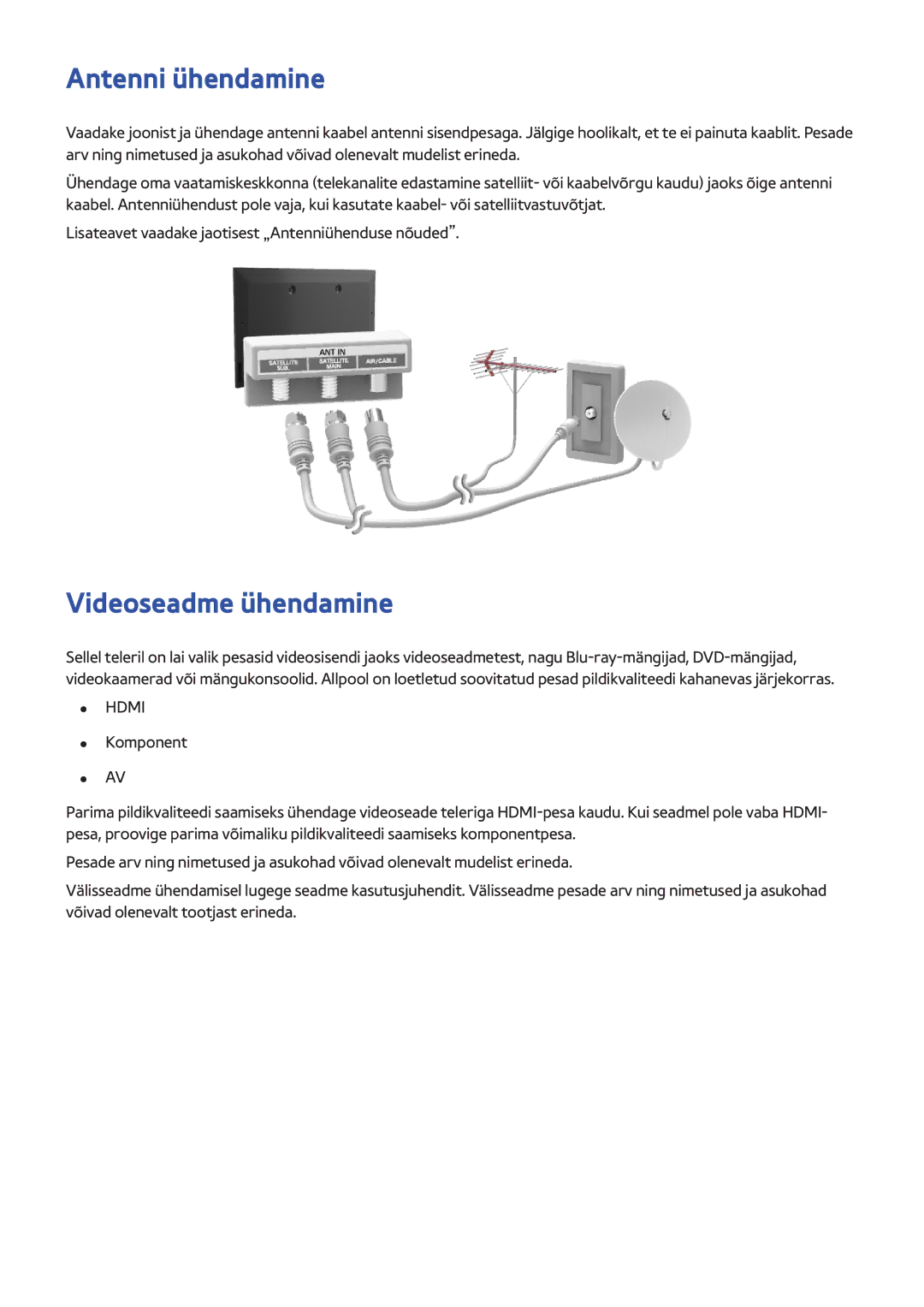 Samsung UE46F8500STXXH, UE46F7000STXXH, UE46F8000STXXH, UE40F8000STXXH manual Antenni ühendamine, Videoseadme ühendamine 