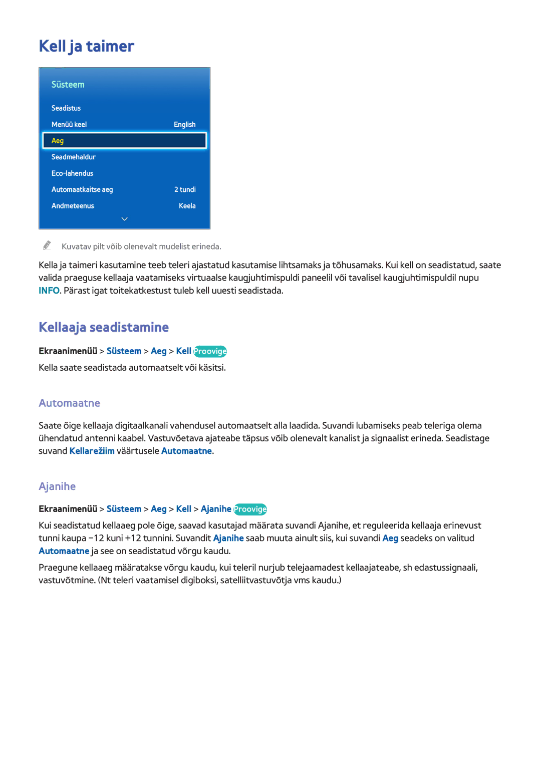 Samsung UE65F8000STXXH, UE46F7000STXXH, UE46F8000STXXH manual Kell ja taimer, Kellaaja seadistamine, Automaatne, Ajanihe 