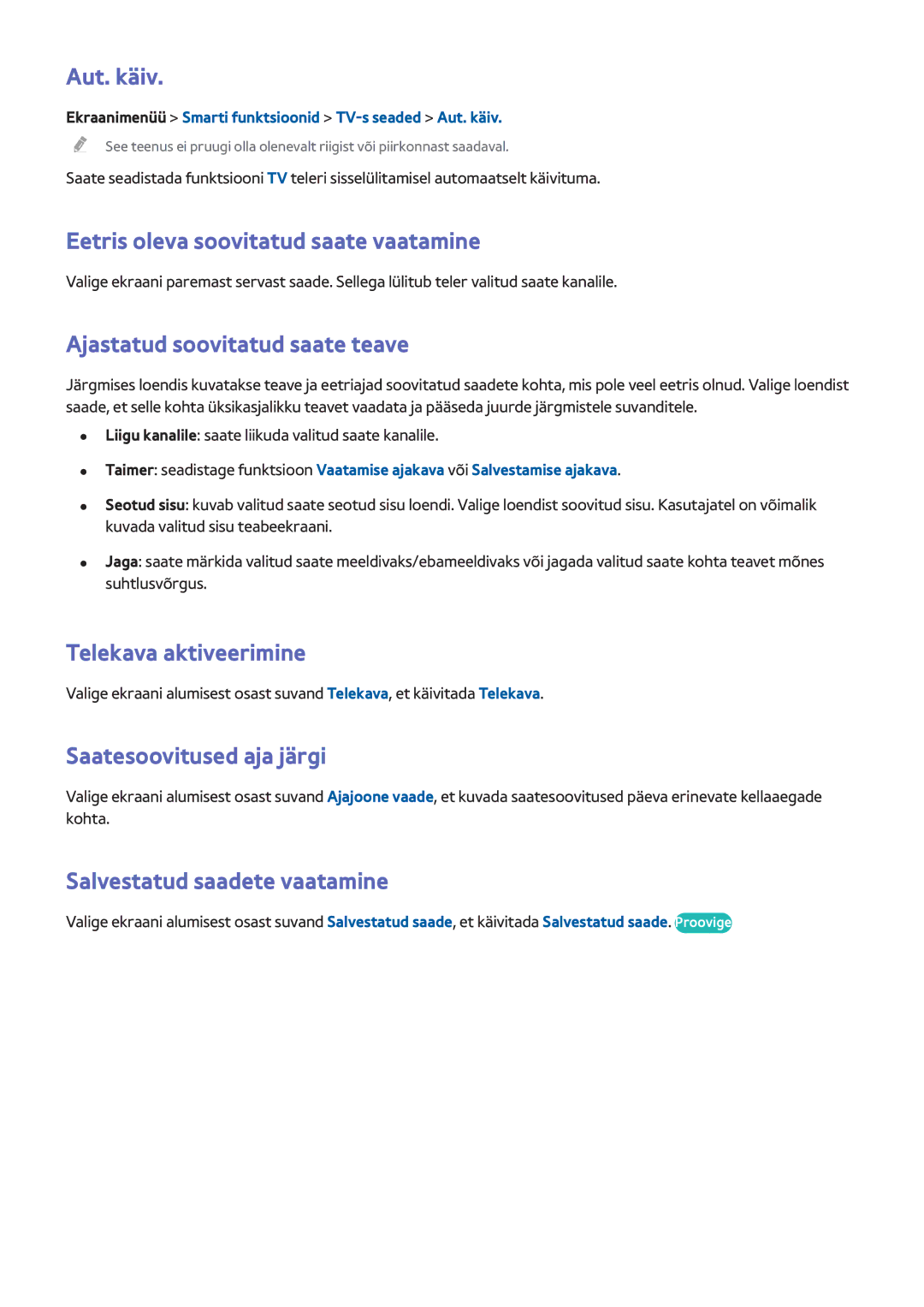 Samsung UE55F7000STXXH manual Aut. käiv, Eetris oleva soovitatud saate vaatamine, Ajastatud soovitatud saate teave 