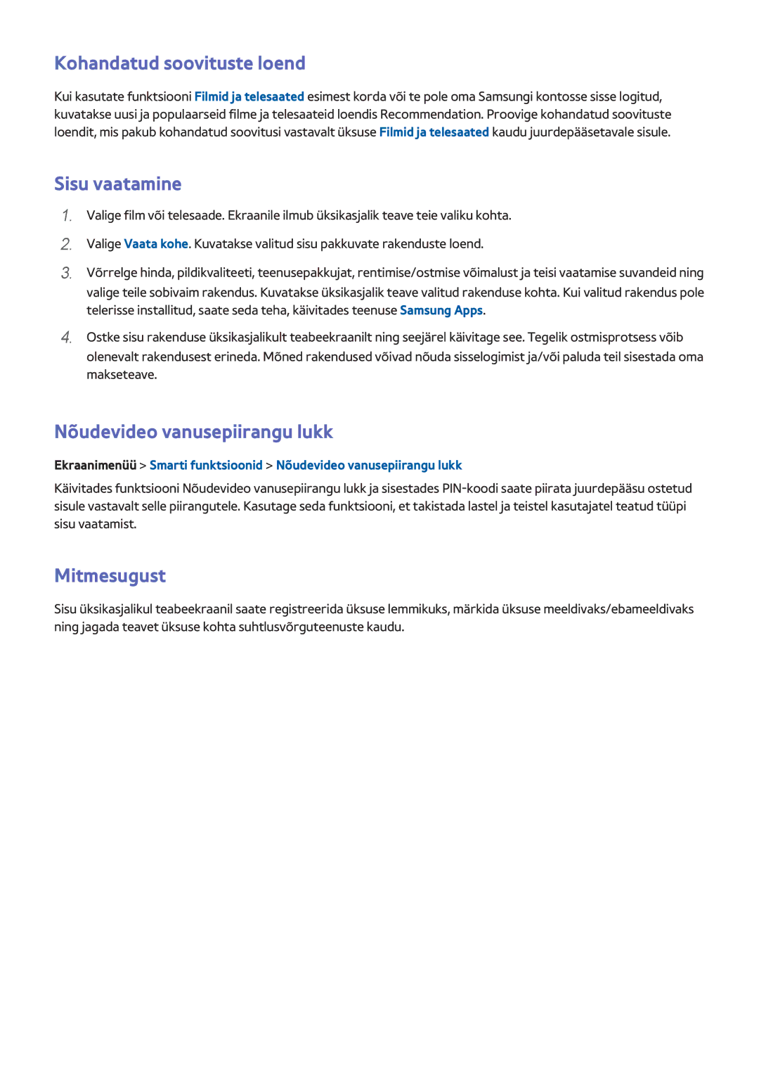 Samsung UE46F7000STXXH manual Kohandatud soovituste loend, Sisu vaatamine, Nõudevideo vanusepiirangu lukk, Mitmesugust 