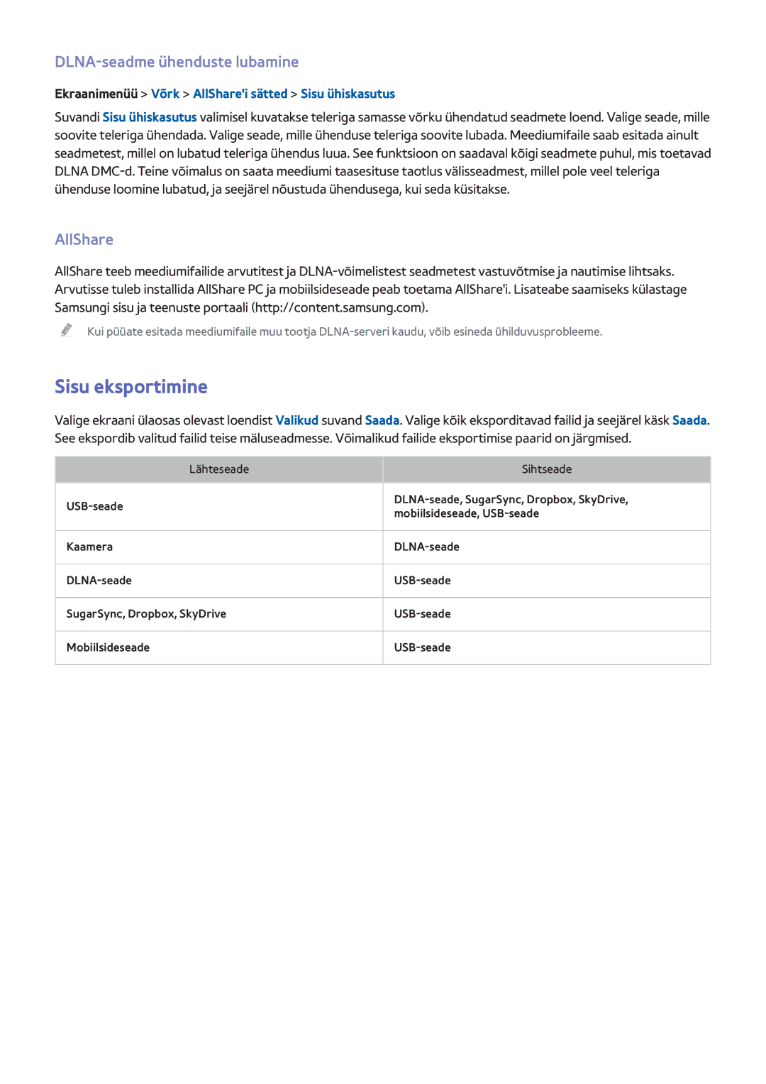 Samsung UE55F8000STXXH, UE46F7000STXXH, UE46F8000STXXH manual Sisu eksportimine, DLNA-seadme ühenduste lubamine, AllShare 