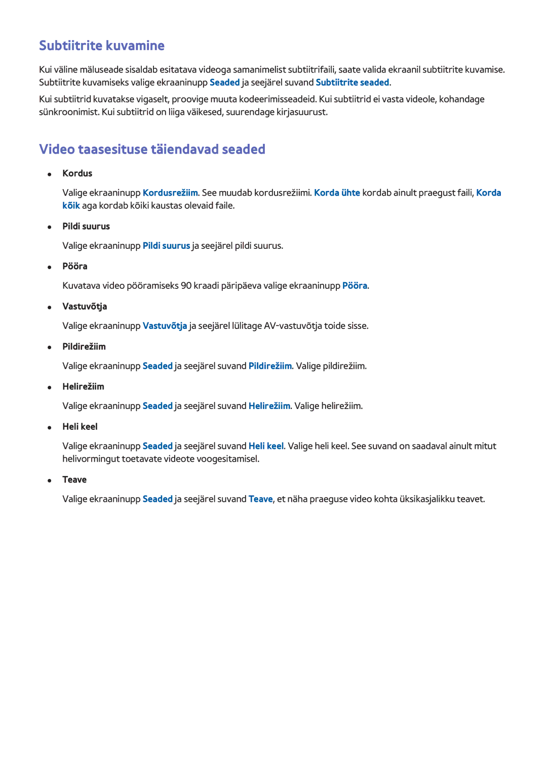 Samsung UE75F8000STXXH, UE46F7000STXXH, UE46F8000STXXH manual Subtiitrite kuvamine, Video taasesituse täiendavad seaded 