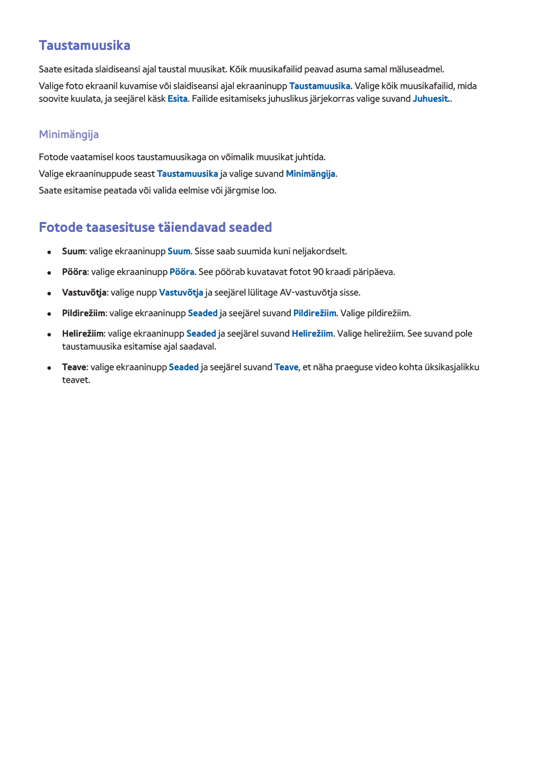 Samsung UE46F8500STXXH, UE46F7000STXXH, UE46F8000STXXH Taustamuusika, Fotode taasesituse täiendavad seaded, Minimängija 