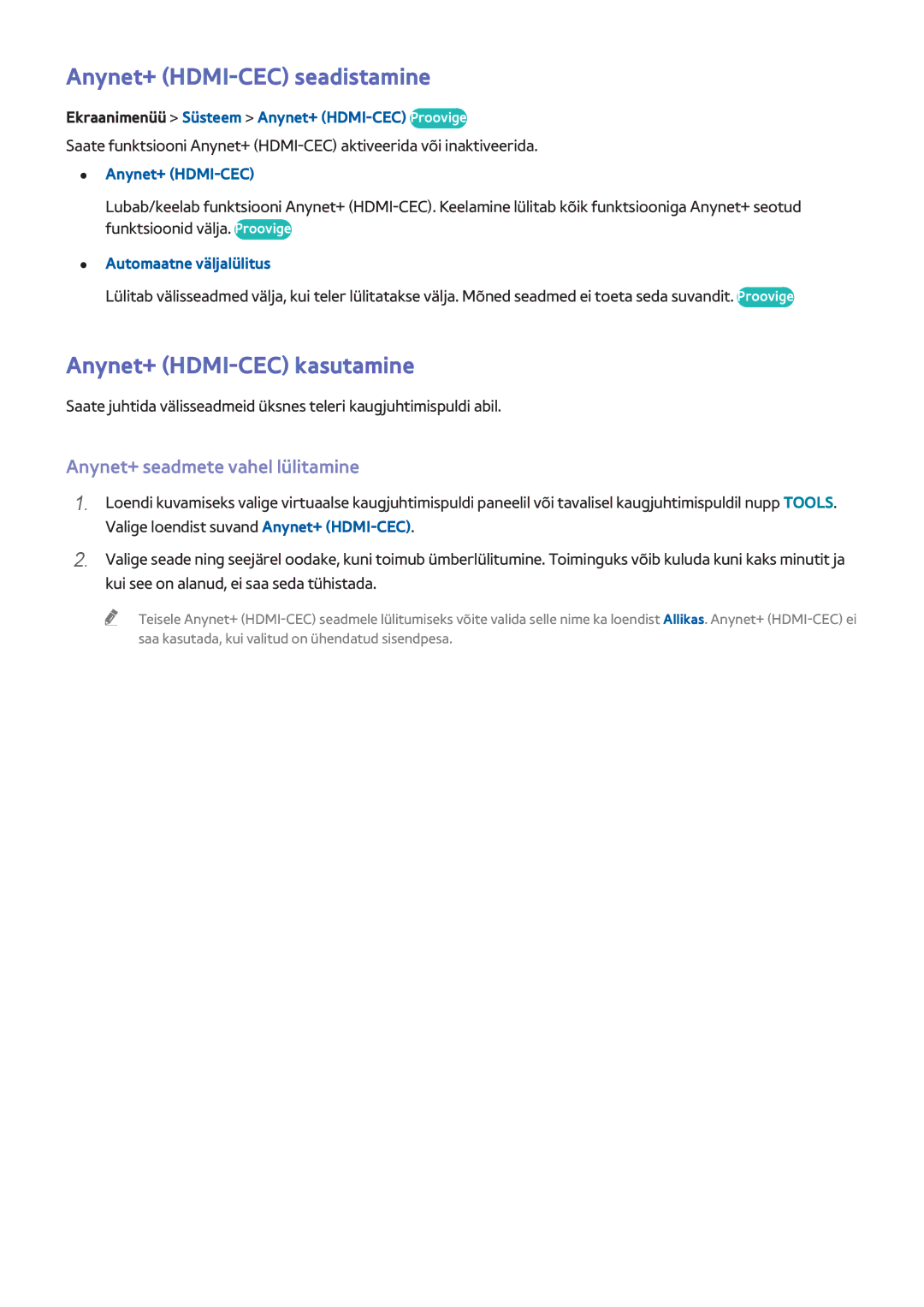 Samsung UE46F8000STXXH manual Anynet+ HDMI-CEC seadistamine, Anynet+ HDMI-CEC kasutamine, Anynet+ seadmete vahel lülitamine 