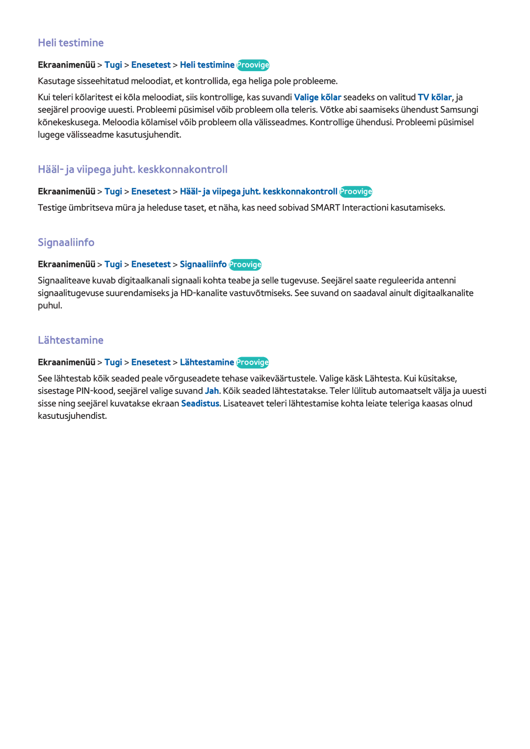 Samsung UE65F9000STXXH manual Heli testimine, Hääl- ja viipega juht. keskkonnakontroll, Signaaliinfo, Lähtestamine 