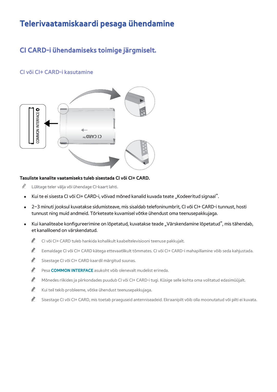 Samsung UE40F8000STXXH, UE46F7000STXXH Telerivaatamiskaardi pesaga ühendamine, CI CARD-i ühendamiseks toimige järgmiselt 