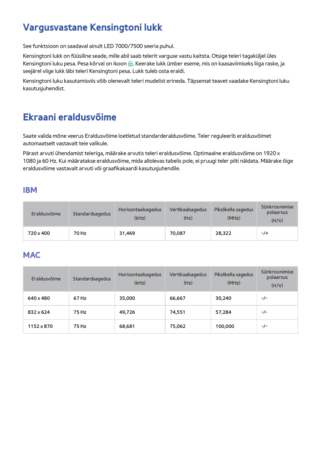 Samsung UE75F8000STXXH, UE46F7000STXXH, UE46F8000STXXH, UE40F8000STXXH Vargusvastane Kensingtoni lukk, Ekraani eraldusvõime 