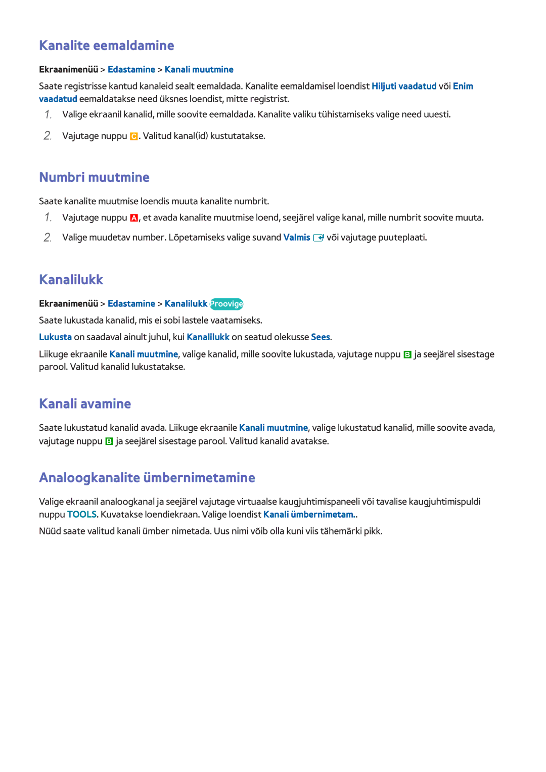 Samsung UE75F8000STXXH Kanalite eemaldamine, Numbri muutmine, Kanalilukk, Kanali avamine, Analoogkanalite ümbernimetamine 