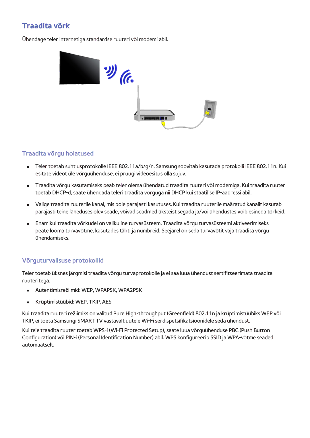 Samsung UE46F8000STXXH, UE46F7000STXXH manual Traadita võrk, Traadita võrgu hoiatused, Võrguturvalisuse protokollid 