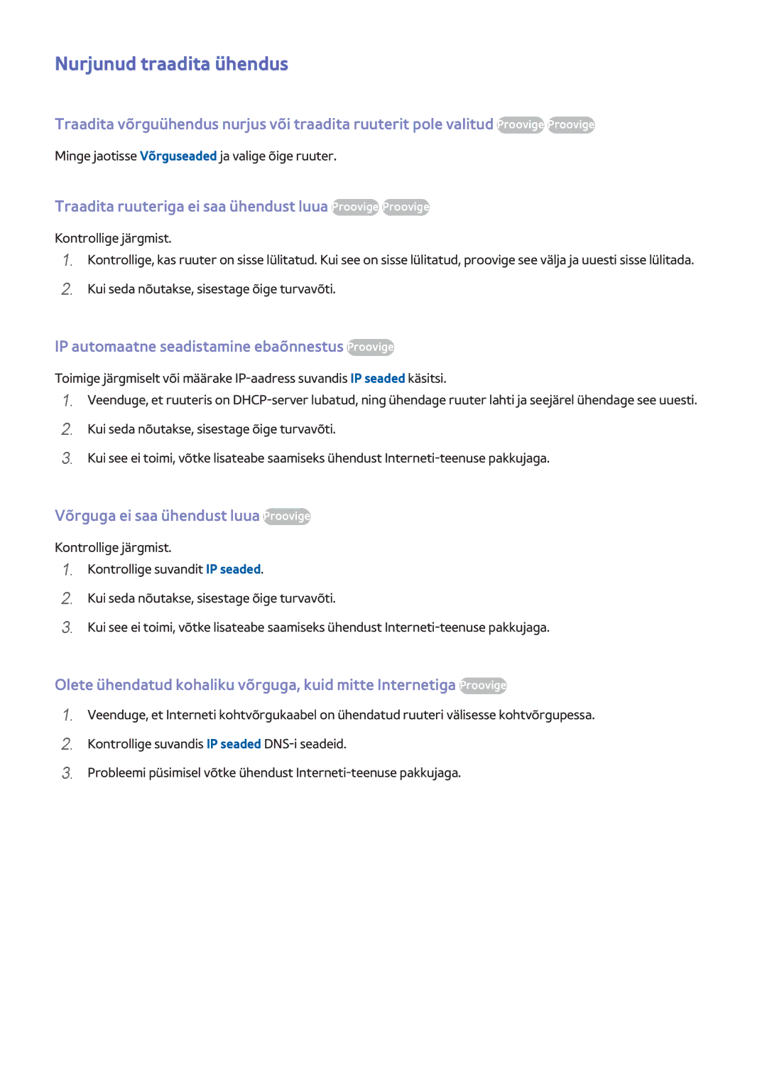 Samsung UE40F7000STXXH manual Nurjunud traadita ühendus, Traadita ruuteriga ei saa ühendust luua Proovige Proovige 