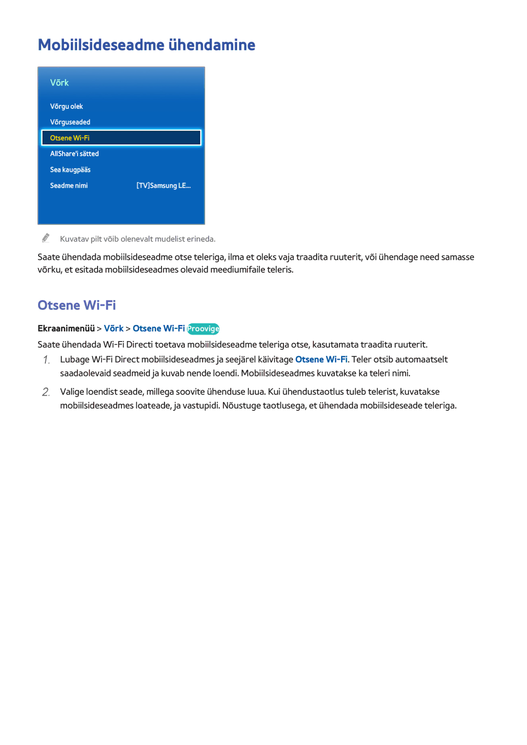 Samsung UE46F8500STXXH, UE46F7000STXXH manual Mobiilsideseadme ühendamine, Ekraanimenüü Võrk Otsene Wi-Fi Proovige 