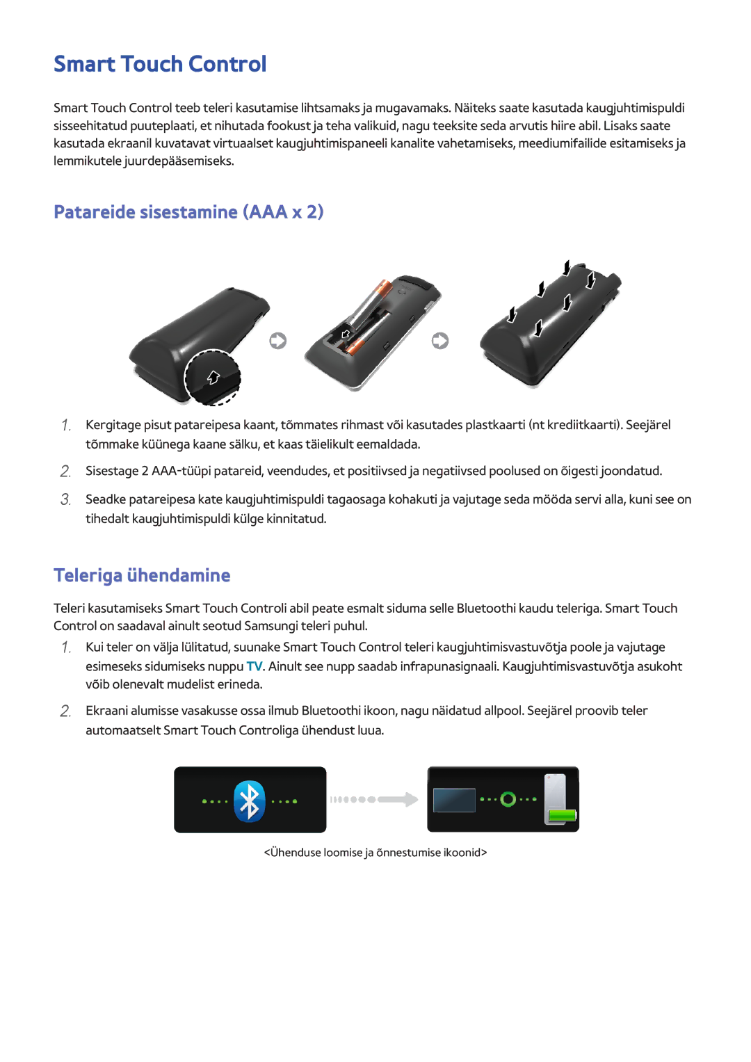 Samsung UE46F8000STXXH, UE46F7000STXXH manual Smart Touch Control, Patareide sisestamine AAA x, Teleriga ühendamine 