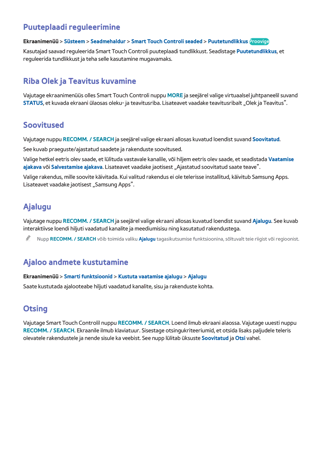 Samsung UE55F7000STXXH manual Puuteplaadi reguleerimine, Riba Olek ja Teavitus kuvamine, Soovitused, Ajalugu, Otsing 