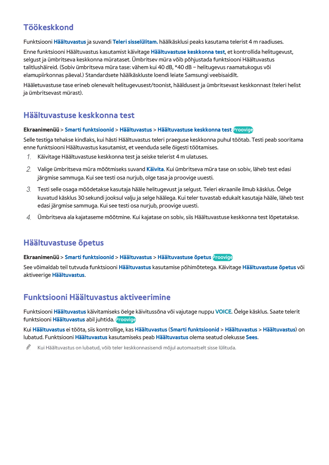 Samsung UE75F8000STXXH, UE46F7000STXXH, UE46F8000STXXH manual Töökeskkond, Häältuvastuse keskkonna test, Häältuvastuse õpetus 