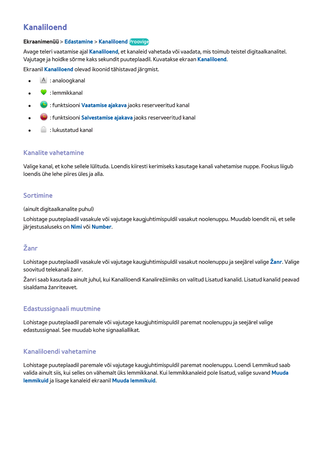 Samsung UE46F8500STXXH, UE46F7000STXXH manual Sortimine, Žanr, Edastussignaali muutmine, Kanaliloendi vahetamine 