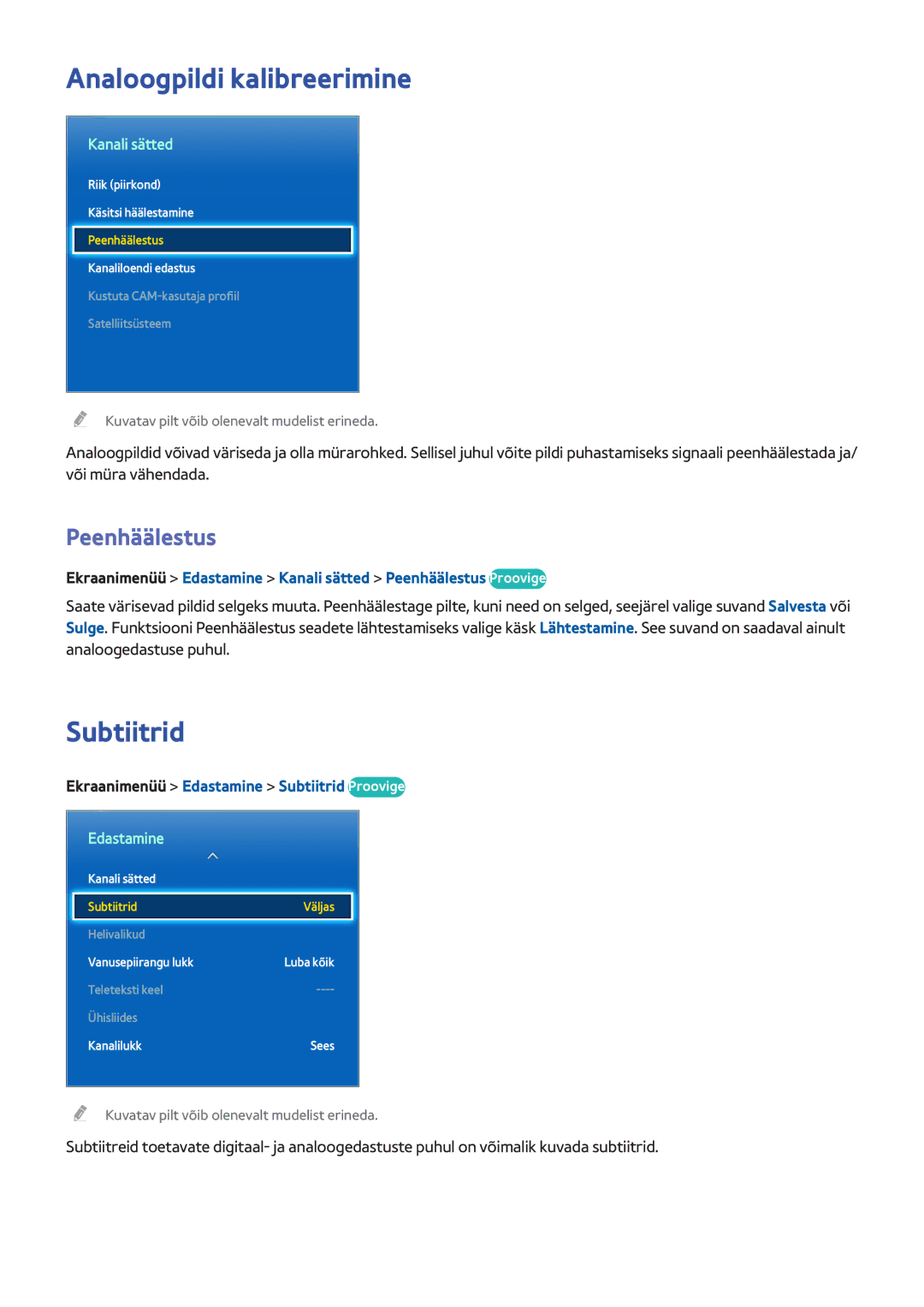 Samsung UE55F8500STXXH, UE46F7000STXXH manual Analoogpildi kalibreerimine, Subtiitrid, Peenhäälestus, Kanali sätted 