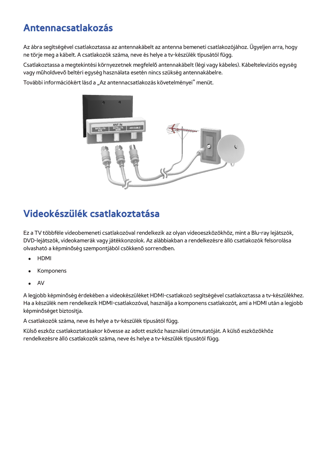 Samsung UE55F7000SLXXH, UE46F8000SLXXN, UE46F7000SLXXH, UE55F9000SLXXN Antennacsatlakozás, Videokészülék csatlakoztatása 