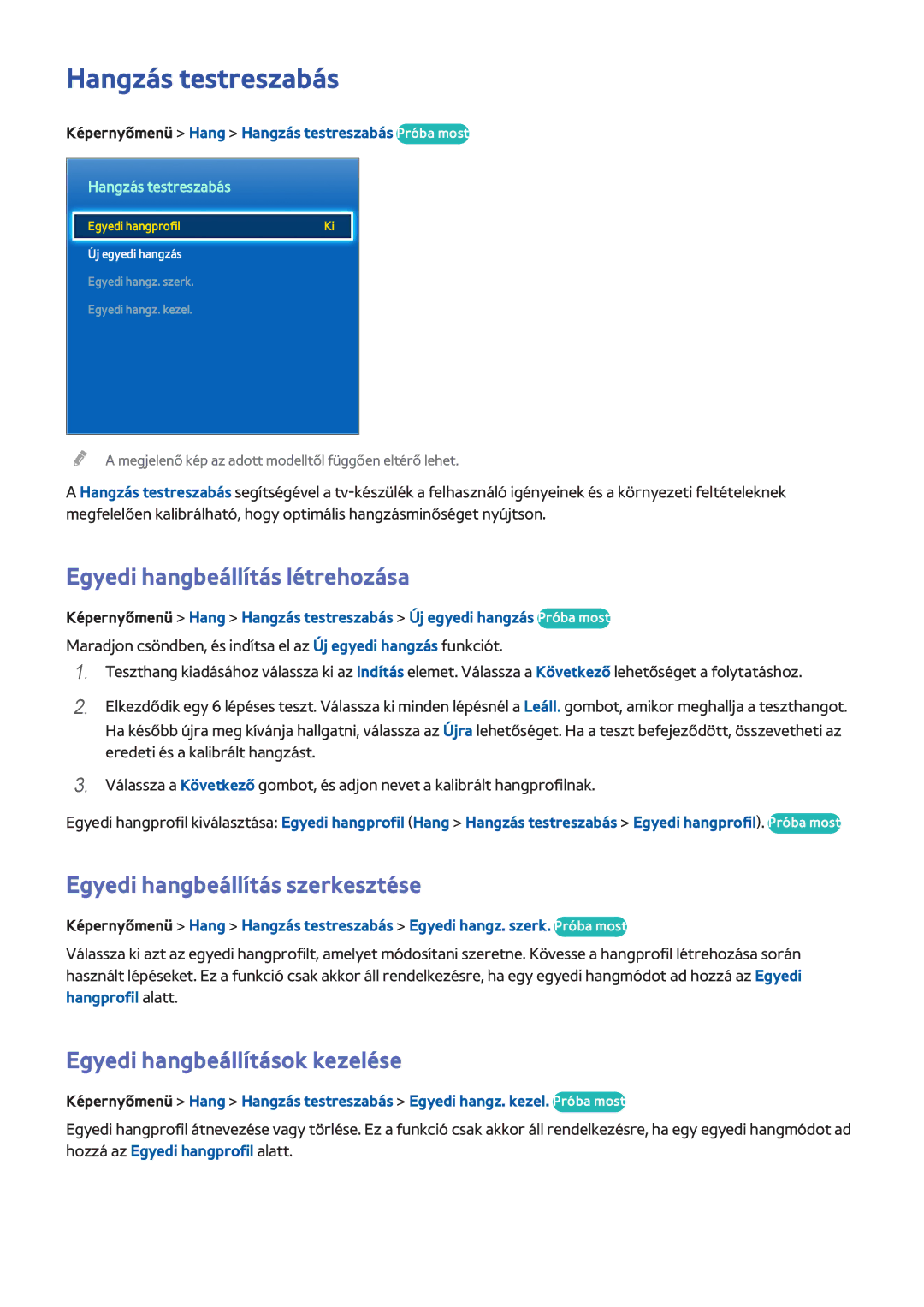 Samsung UE65F9005STXXE manual Hangzás testreszabás, Egyedi hangbeállítás létrehozása, Egyedi hangbeállítás szerkesztése 