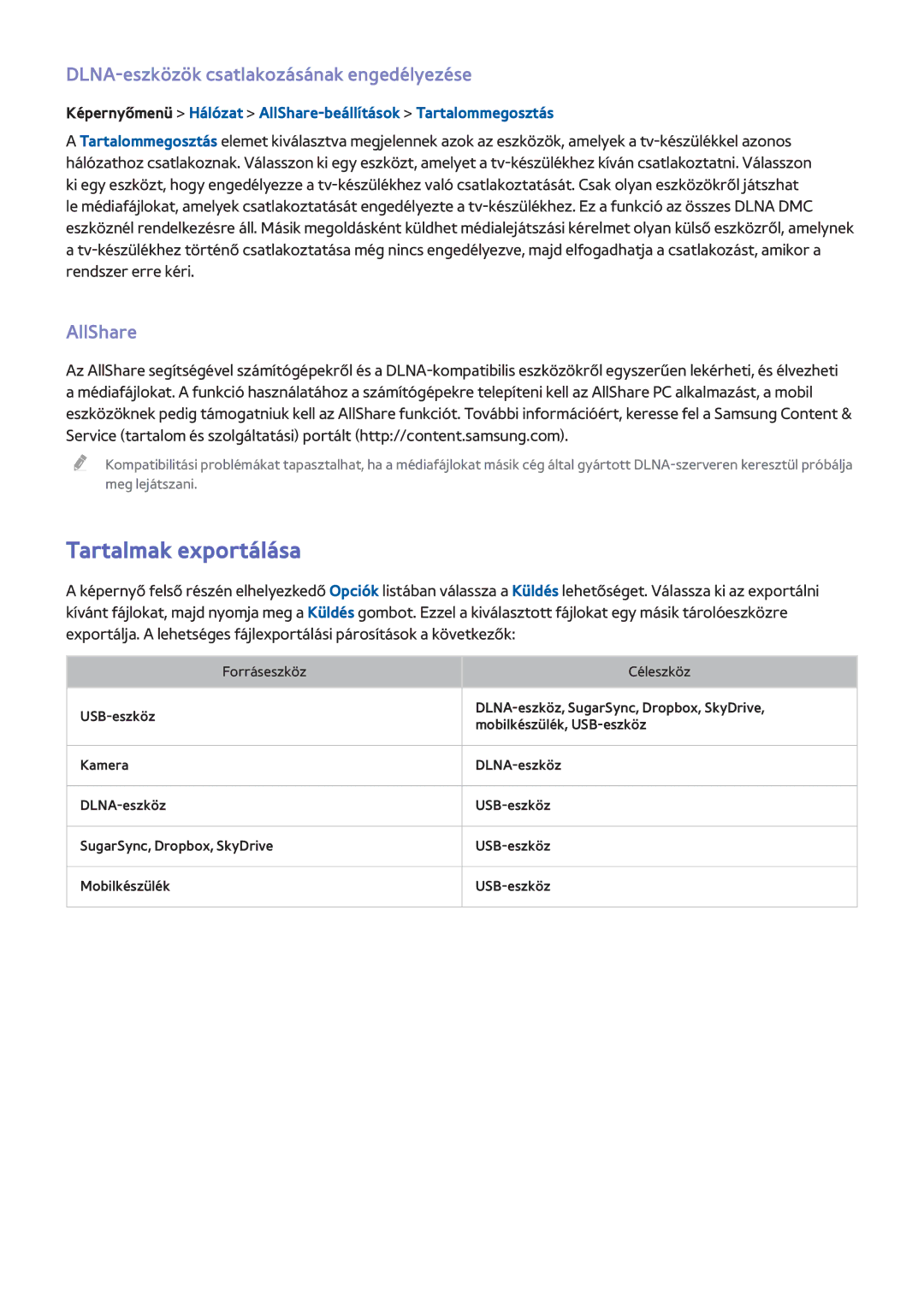 Samsung UE40F7000STXXH, UE46F8000SLXXN manual Tartalmak exportálása, DLNA-eszközök csatlakozásának engedélyezése, AllShare 