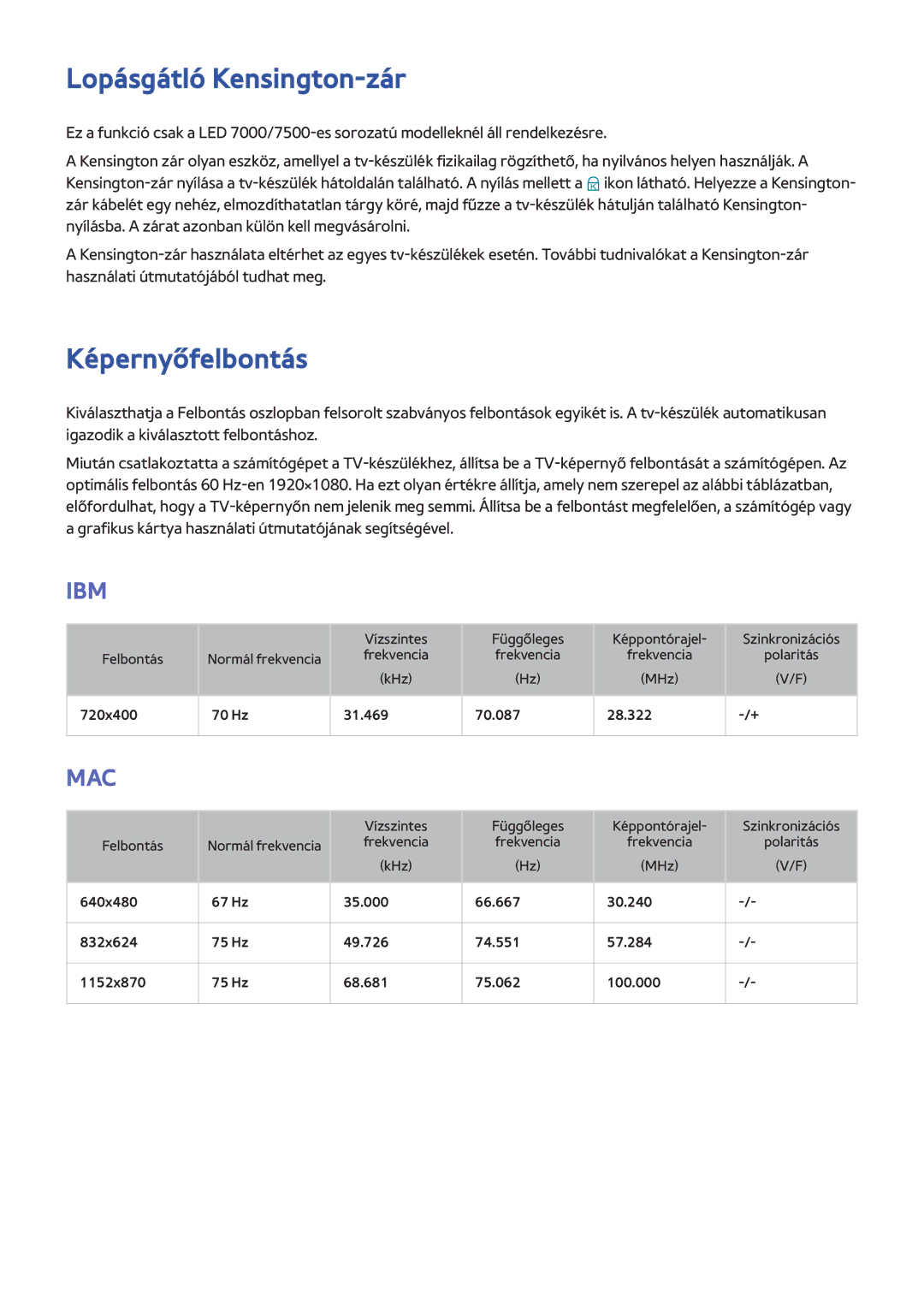 Samsung UE60F7005STXXE, UE46F8000SLXXN, UE46F7000SLXXH, UE55F9000SLXXN manual Lopásgátló Kensington-zár, Képernyőfelbontás 