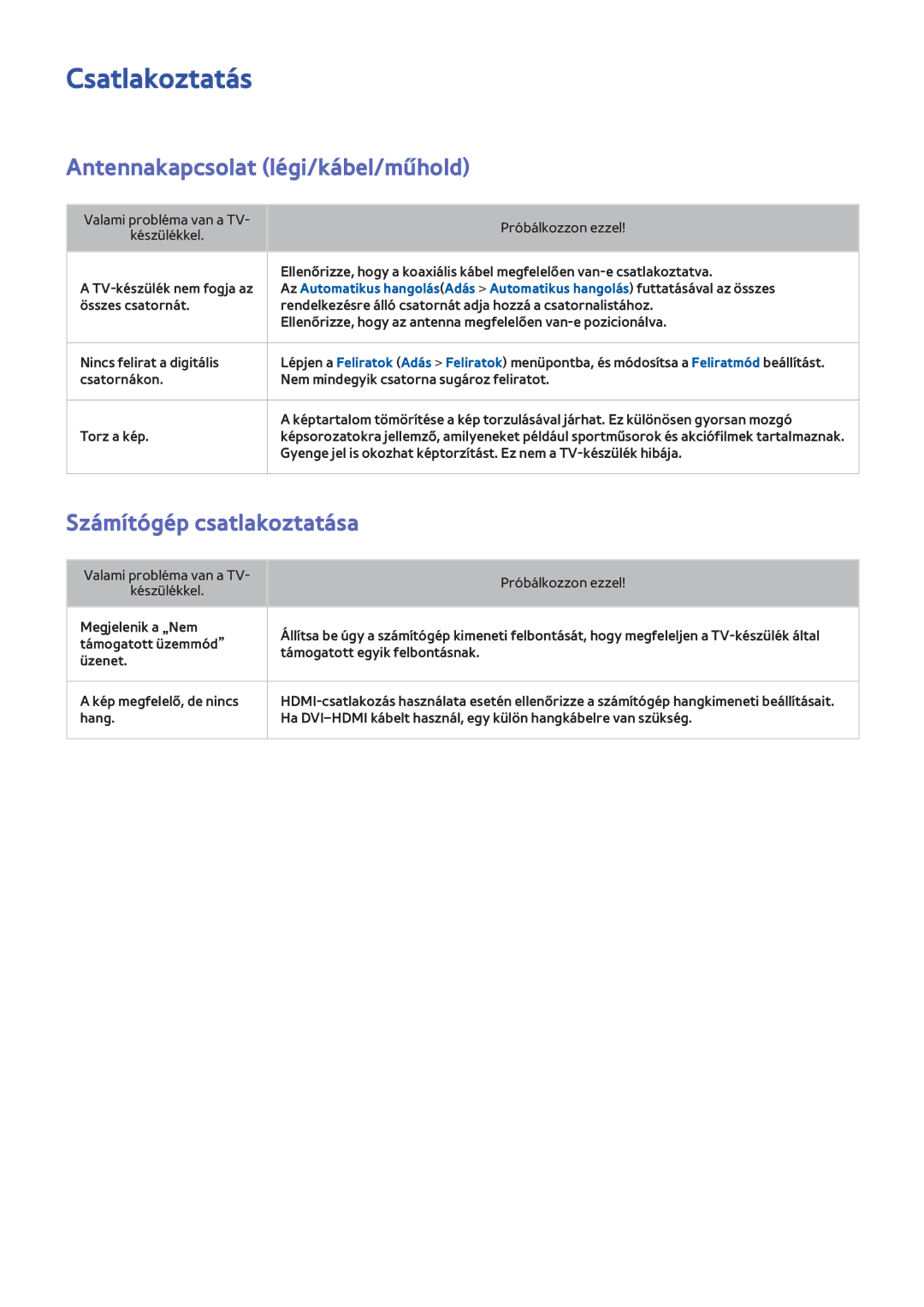 Samsung UE40F7000SLXZF, UE46F8000SLXXN manual Csatlakoztatás, Antennakapcsolat légi/kábel/műhold, Számítógép csatlakoztatása 