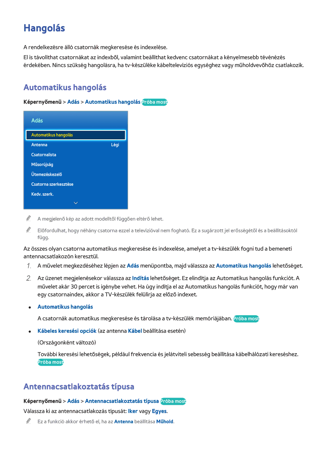 Samsung UE46F8000SZXZT, UE46F8000SLXXN, UE46F7000SLXXH manual Hangolás, Automatikus hangolás, Antennacsatlakoztatás típusa 