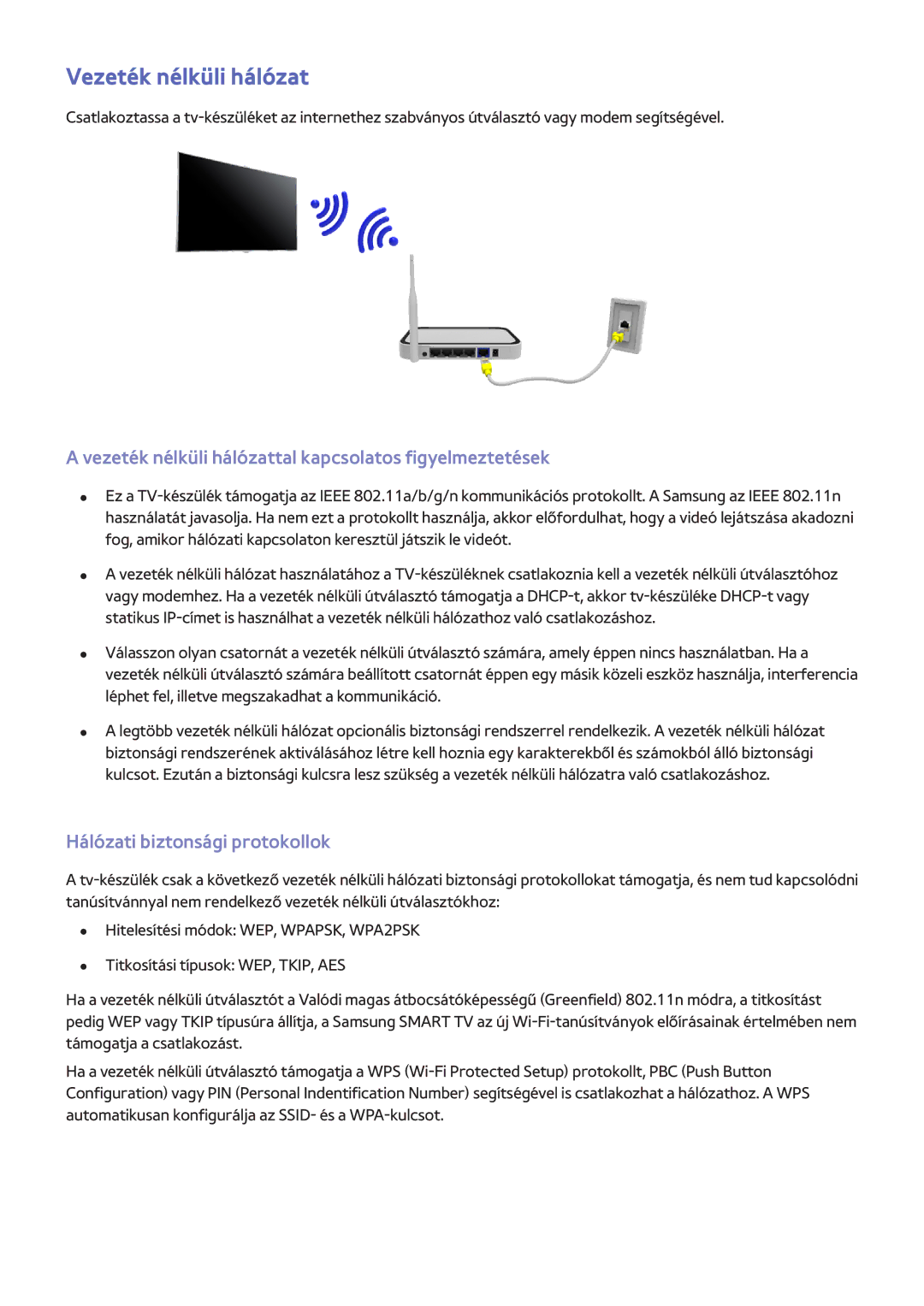 Samsung UE40F8000STXXU manual Vezeték nélküli hálózattal kapcsolatos figyelmeztetések, Hálózati biztonsági protokollok 