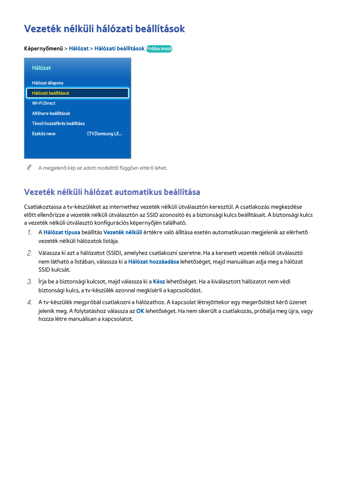 Samsung UE55F8580STXZG, UE85S9STXXH Vezeték nélküli hálózati beállítások, Vezeték nélküli hálózat automatikus beállítása 