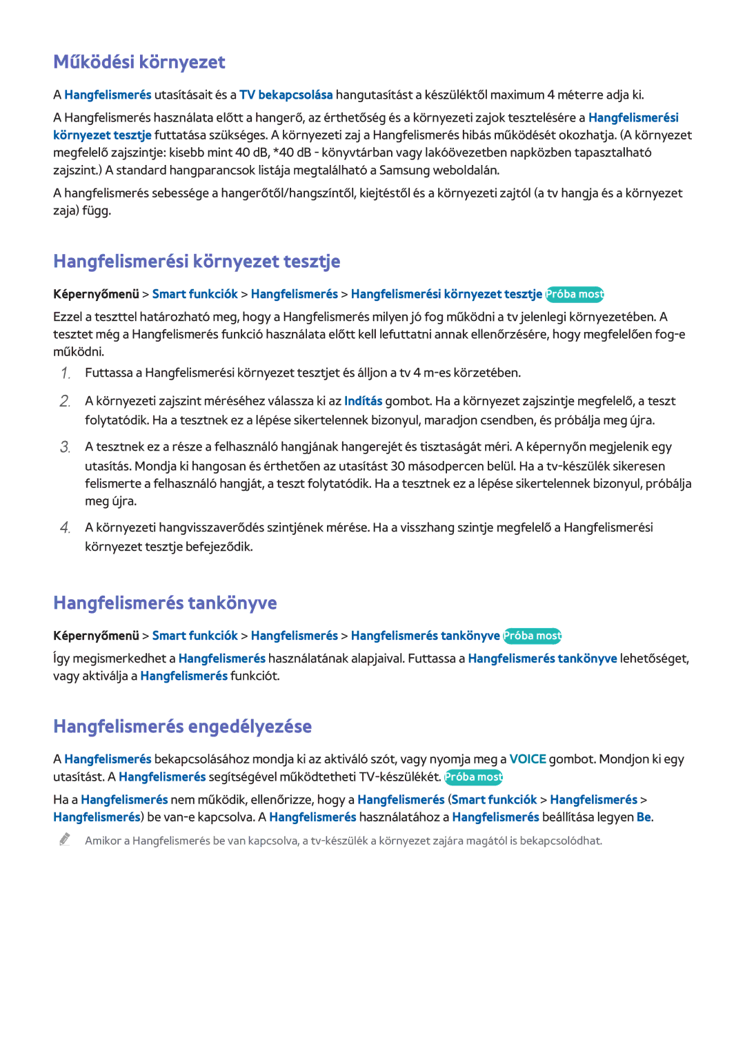 Samsung UE46F8000SLXXH, UE46F8000SLXXN Működési környezet, Hangfelismerési környezet tesztje, Hangfelismerés tankönyve 