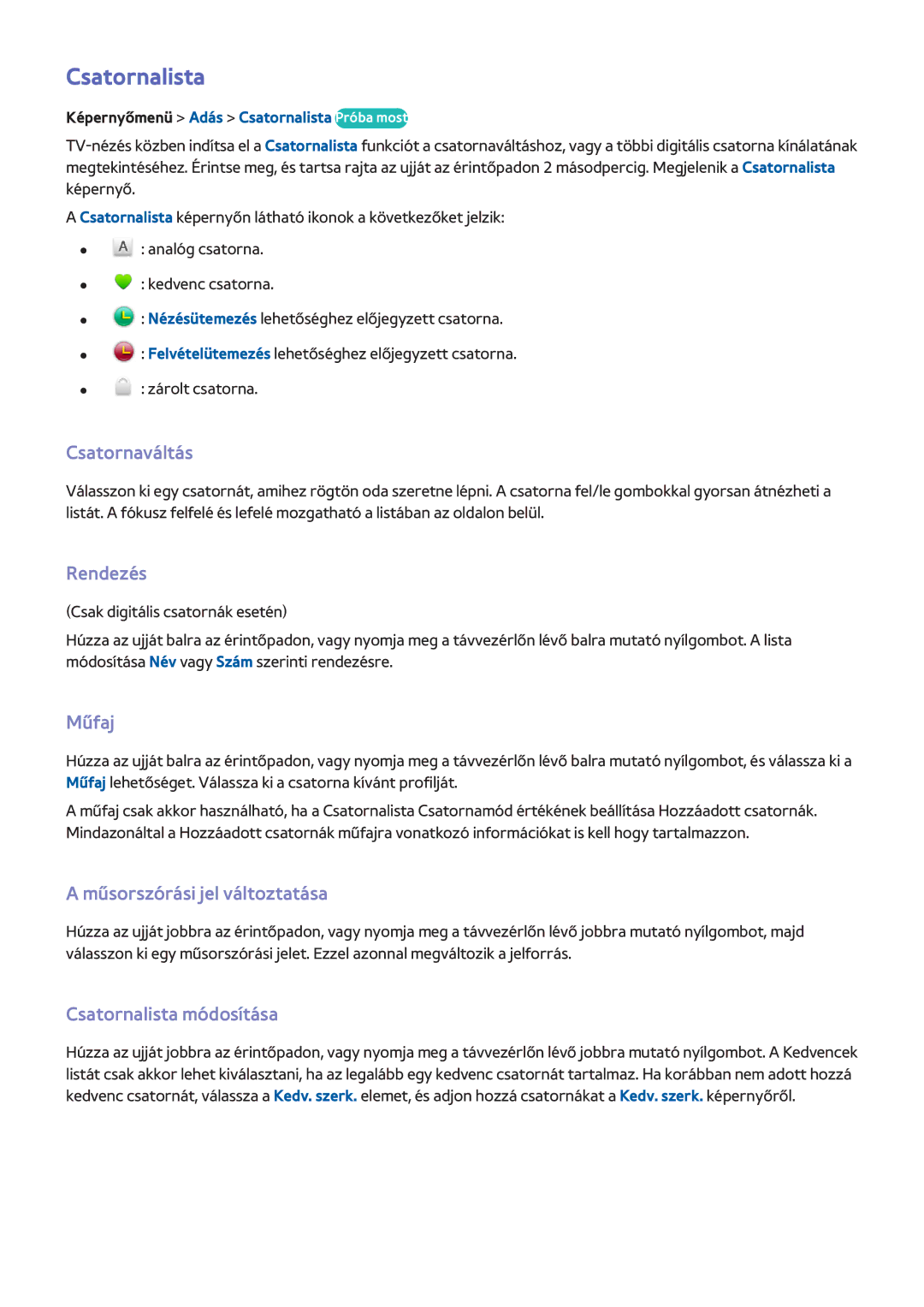 Samsung UE40F8000SZXZT, UE46F8000SLXXN manual Rendezés, Műfaj, Műsorszórási jel változtatása, Csatornalista módosítása 