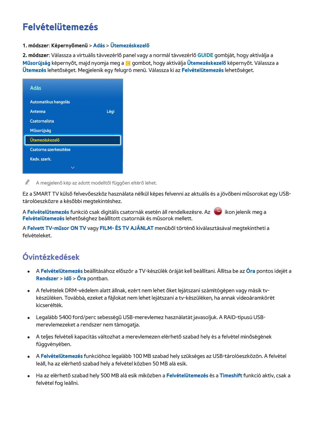 Samsung UE55F9080STXZG, UE46F8000SLXXN, UE46F7000SLXXH manual Felvételütemezés, Módszer Képernyőmenü Adás Ütemezéskezelő 