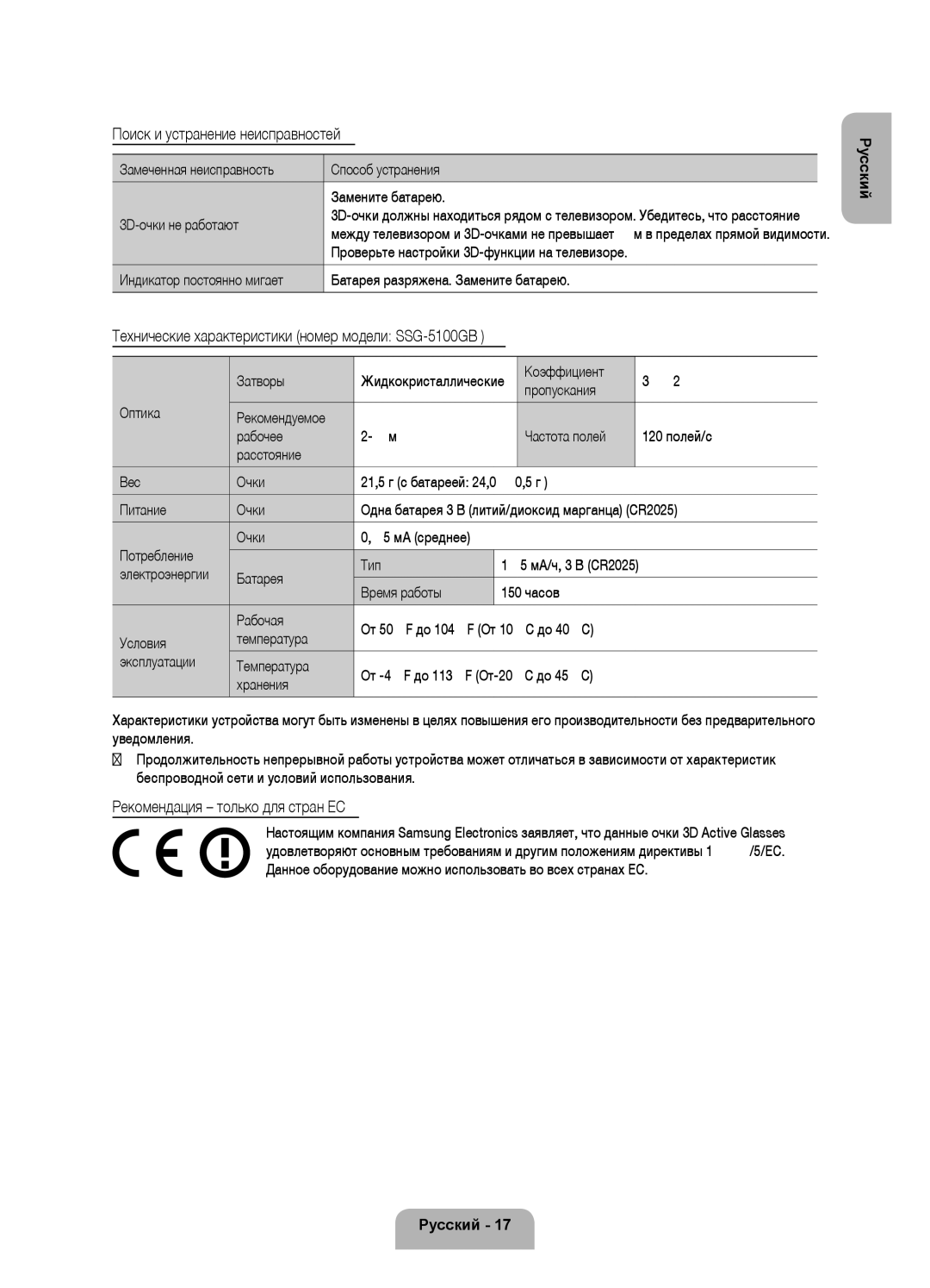 Samsung UE55F8500ATXRU manual Поиск и устранение неисправностей, Технические характеристики номер модели SSG-5100GB 